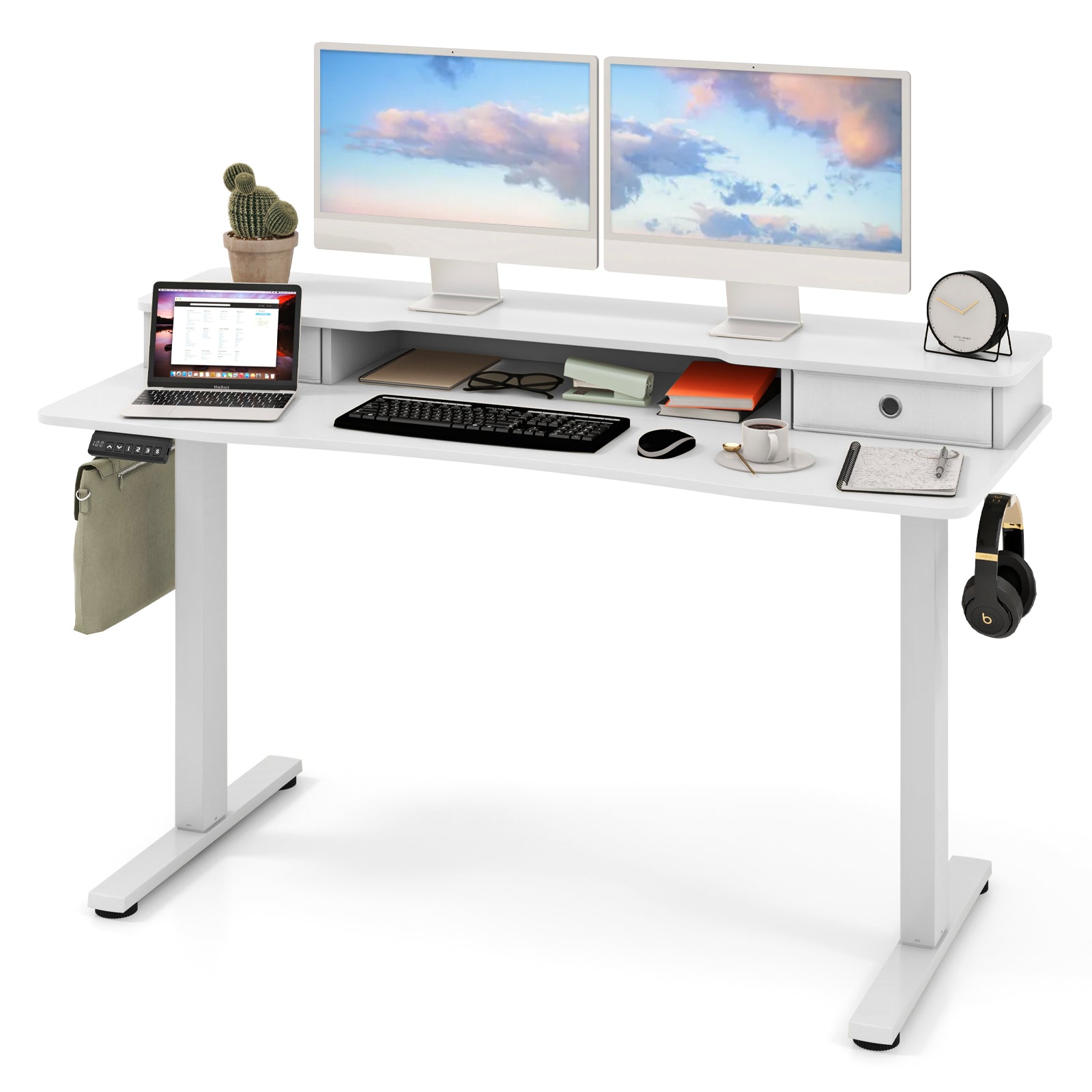 55 Inch x 24 Inch Height Adjustable Electric Standing Desk with 2 Drawers, White Standing Desks White at Gallery Canada