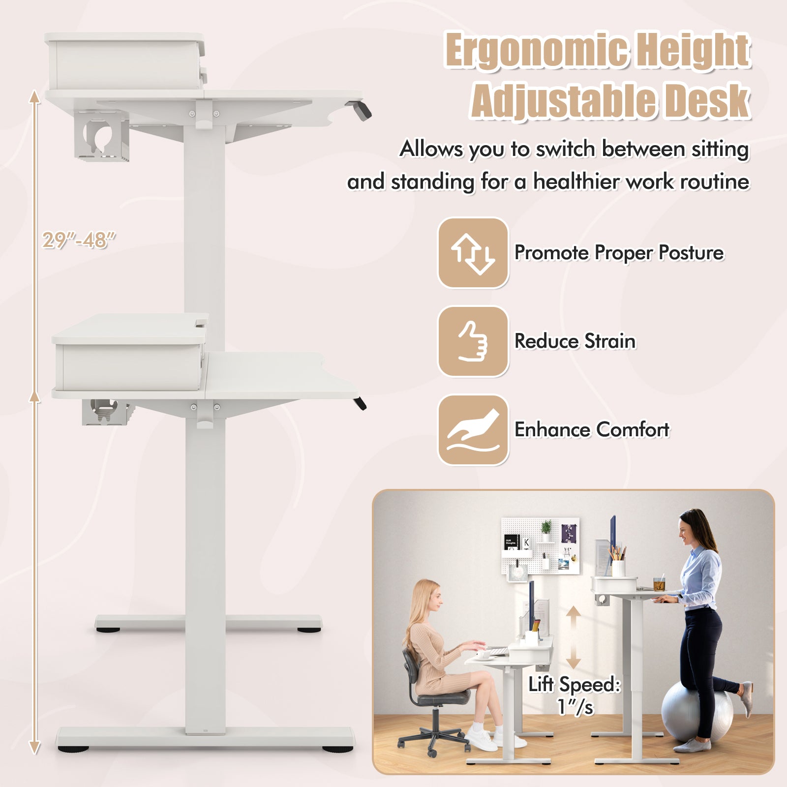 55 Inch x 24 Inch Height Adjustable Electric Standing Desk with 2 Drawers, White Standing Desks at Gallery Canada