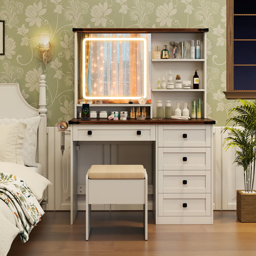 Farmhouse Vanity Set with Mirror and 3-Color Lighting, White