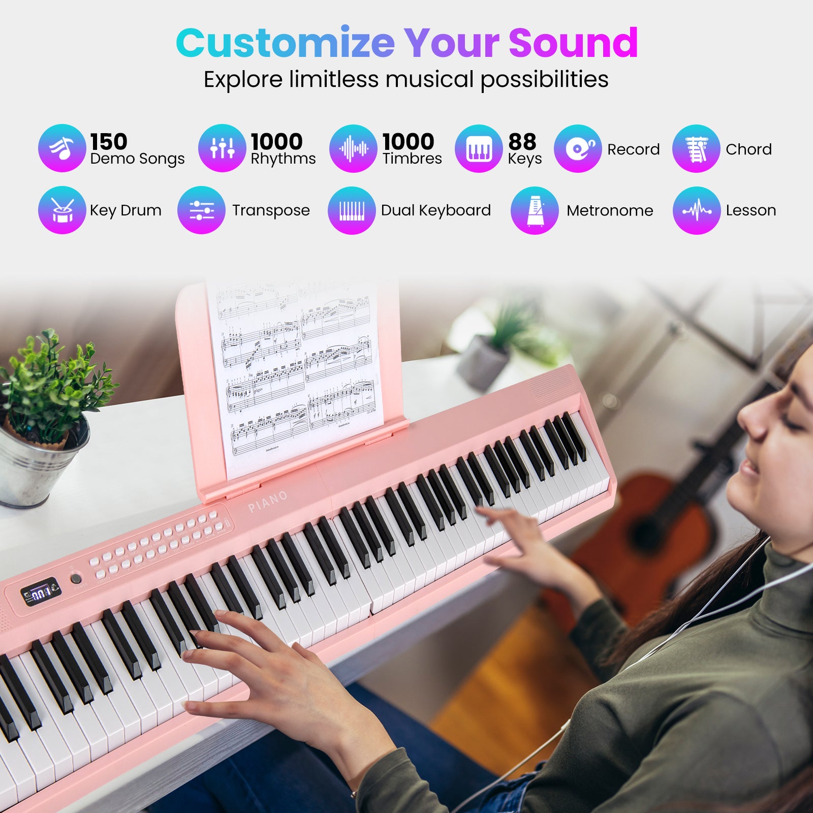 88 Key Foldable Electric Keyboard Piano with Wireless MIDI and Dual Speakers, Pink Pianos & Keyboards at Gallery Canada