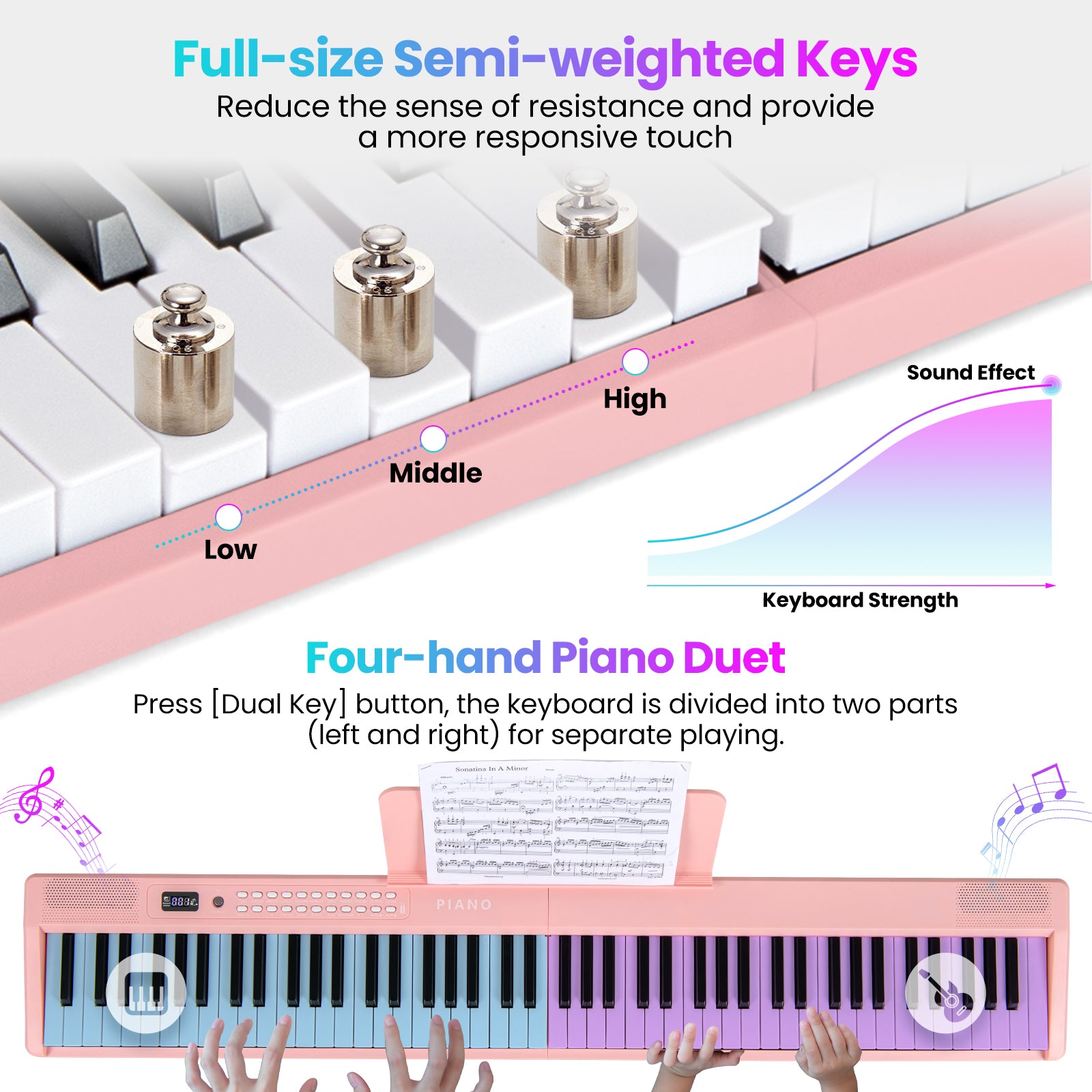 88 Key Foldable Electric Keyboard Piano with Wireless MIDI and Dual Speakers, Pink Pianos & Keyboards at Gallery Canada
