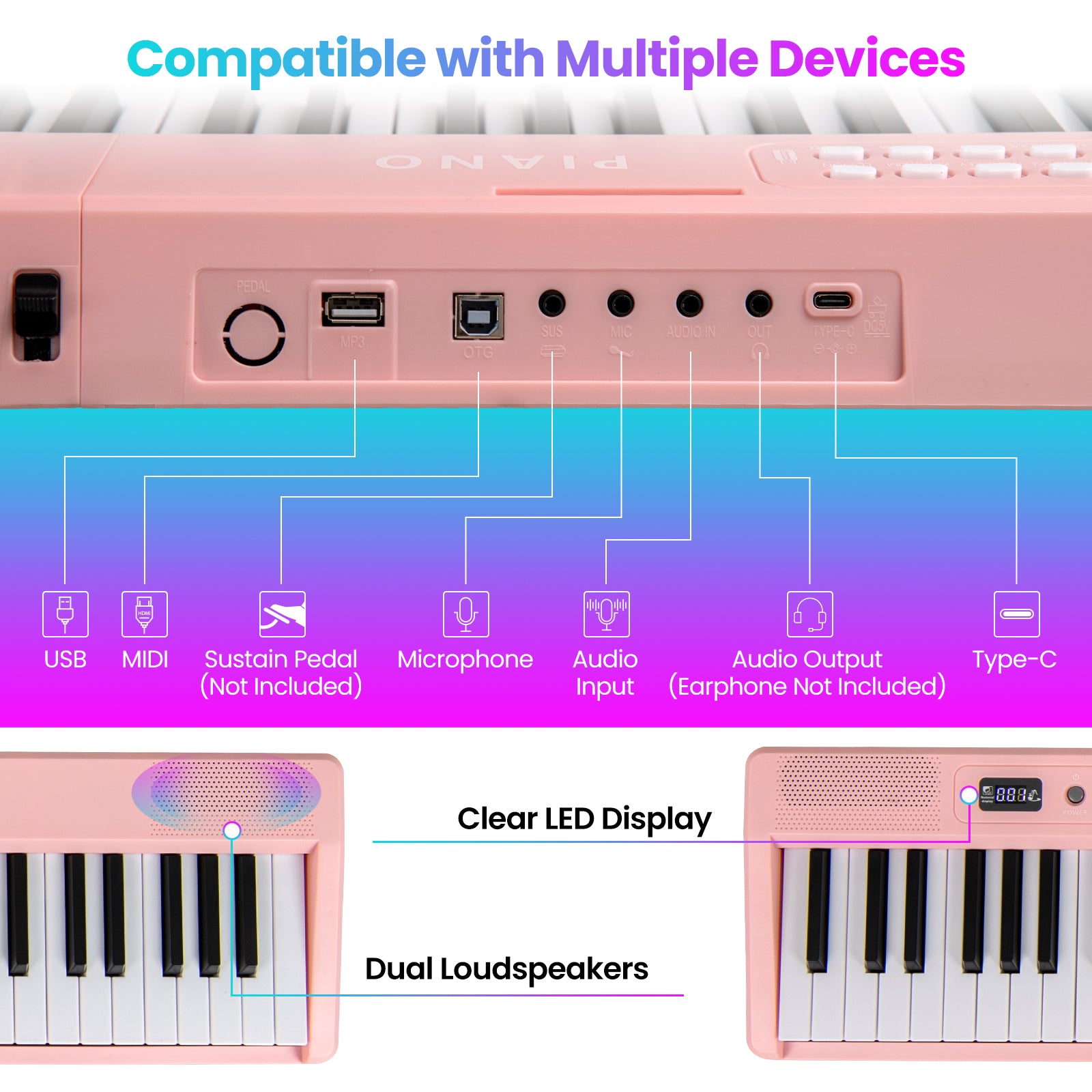 88 Key Foldable Electric Keyboard Piano with Wireless MIDI and Dual Speakers, Pink Pianos & Keyboards at Gallery Canada