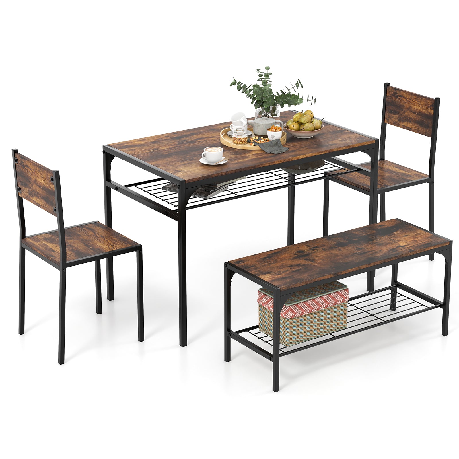 Industrial Style Rectangular Kitchen Table with Bench and Chairs, Rustic Brown Dining Room Sets at Gallery Canada
