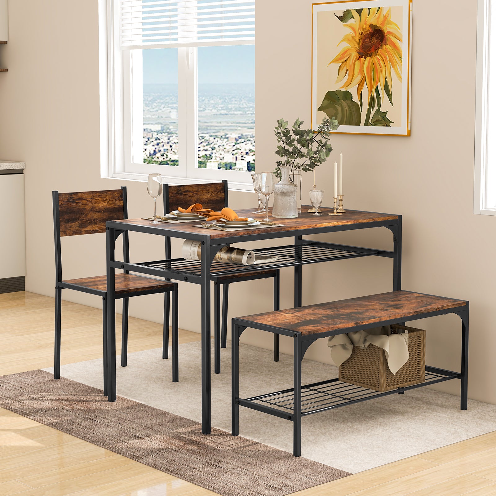 Industrial Style Rectangular Kitchen Table with Bench and Chairs, Rustic Brown Dining Room Sets at Gallery Canada