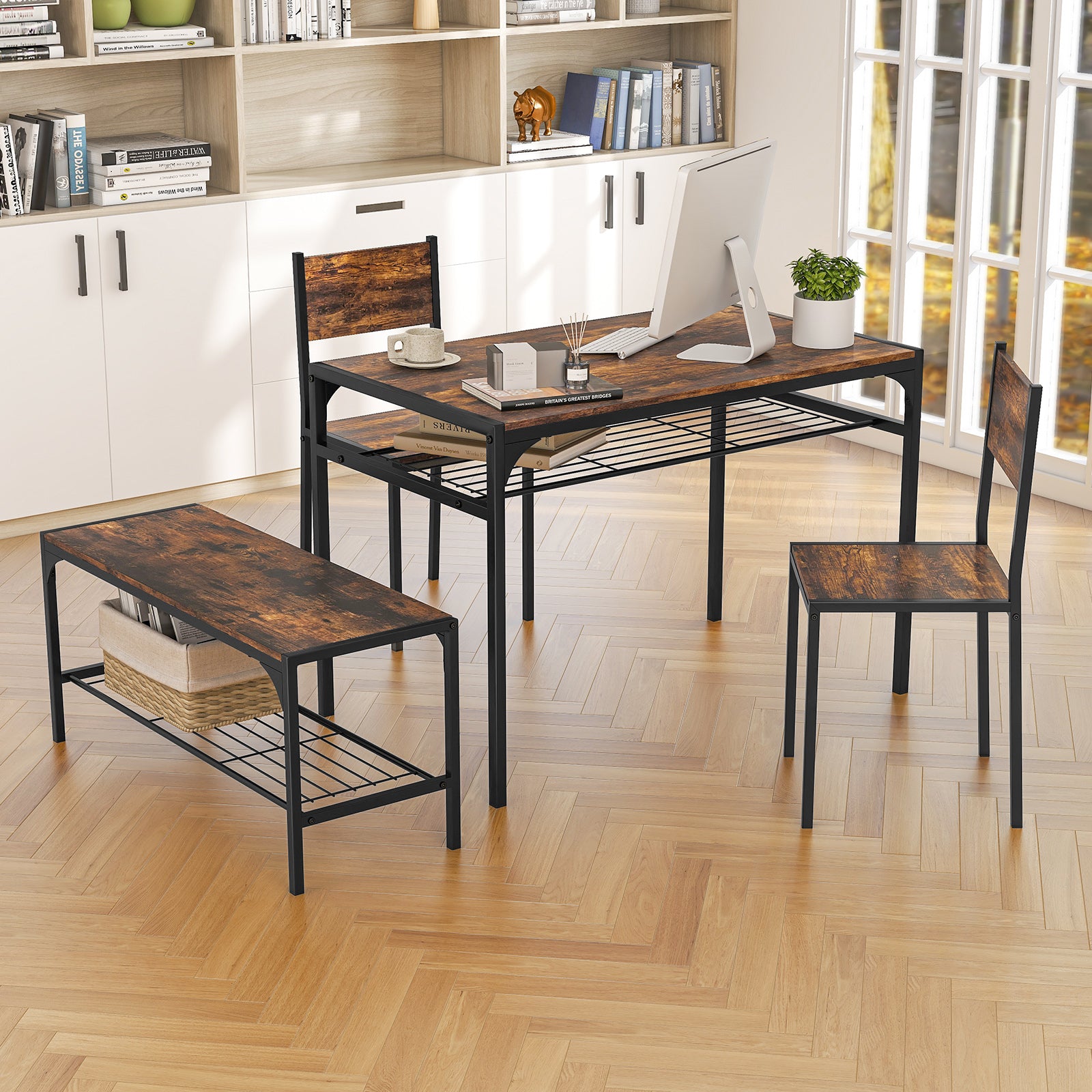 Industrial Style Rectangular Kitchen Table with Bench and Chairs, Rustic Brown Dining Room Sets at Gallery Canada