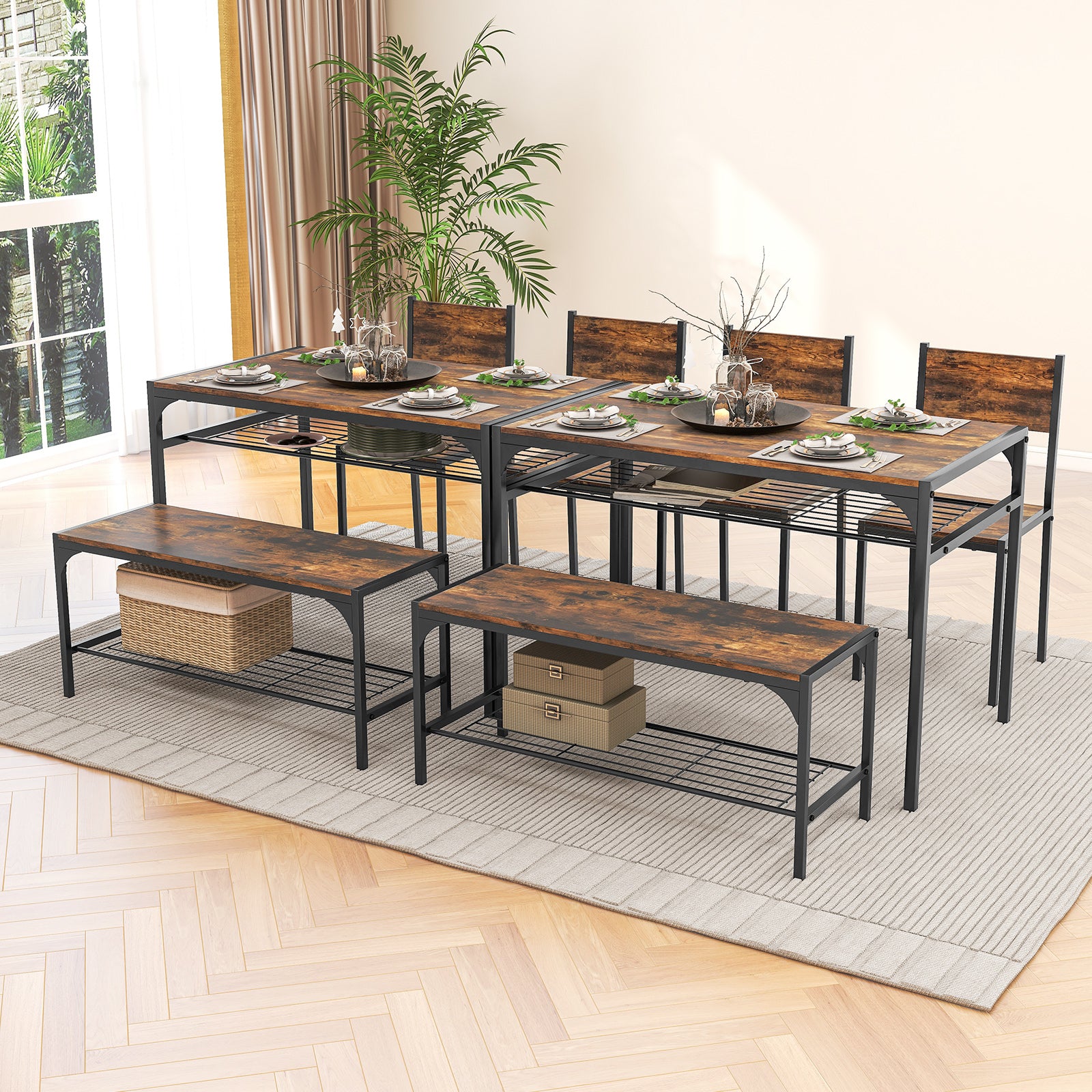 Industrial Style Rectangular Kitchen Table with Bench and Chairs, Rustic Brown Dining Room Sets at Gallery Canada
