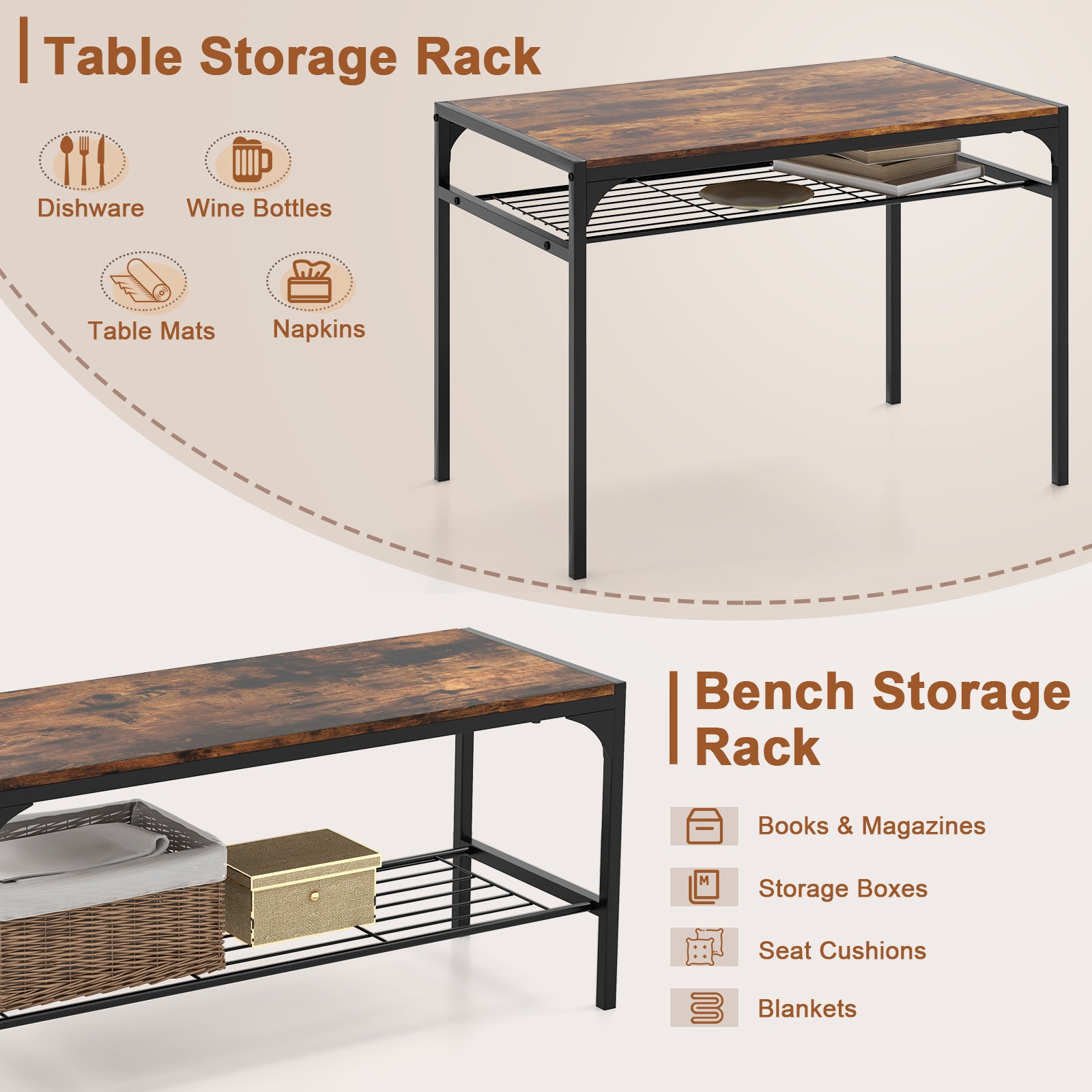 Industrial Style Rectangular Kitchen Table with Bench and Chairs, Rustic Brown Dining Room Sets at Gallery Canada