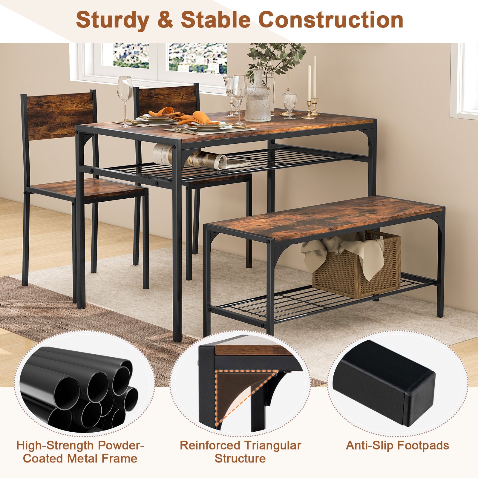 Industrial Style Rectangular Kitchen Table with Bench and Chairs, Rustic Brown Dining Room Sets at Gallery Canada