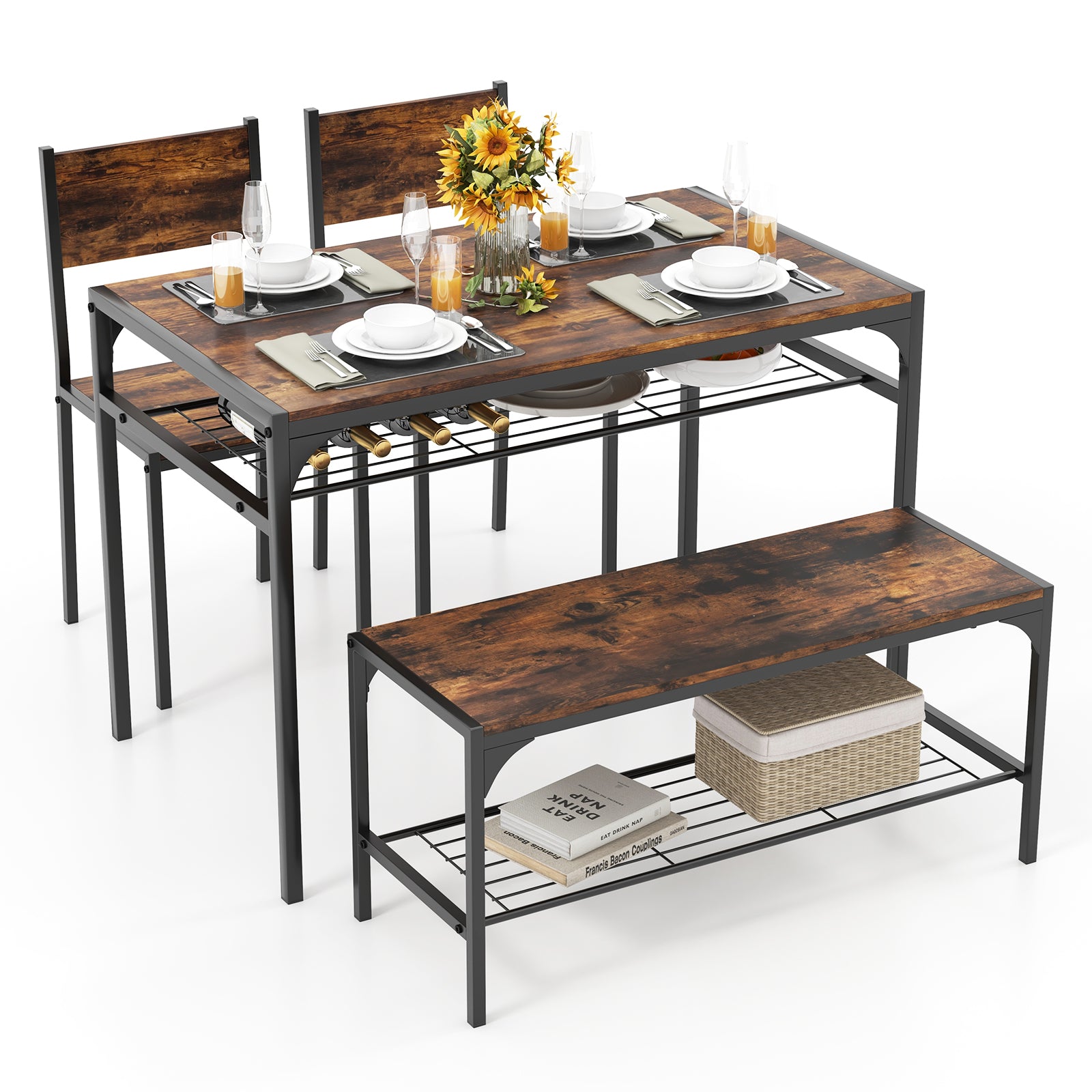 Industrial Style Rectangular Kitchen Table with Bench and Chairs, Rustic Brown Dining Room Sets at Gallery Canada