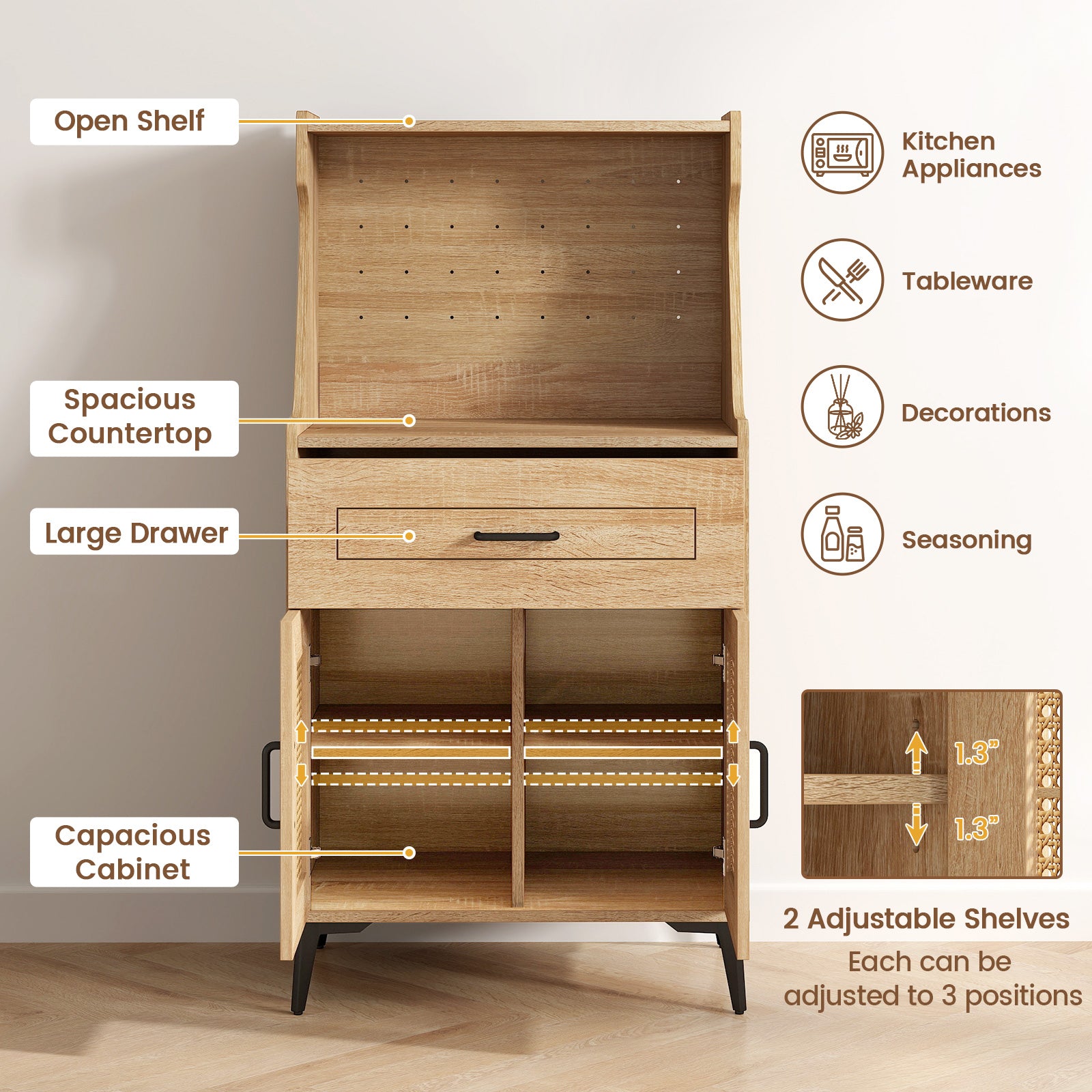 Coffee Bar Cabinet with Pegboard Storage Drawer and Adjustable Shelf, Oak Sideboards Cabinets & Buffets at Gallery Canada
