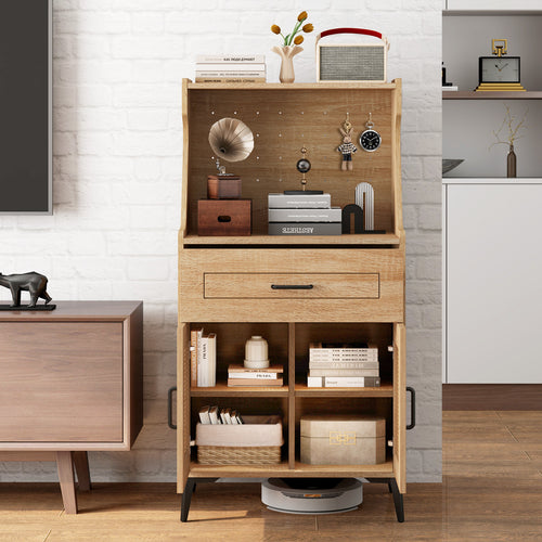 Coffee Bar Cabinet with Pegboard  Storage Drawer and Adjustable Shelf, Oak