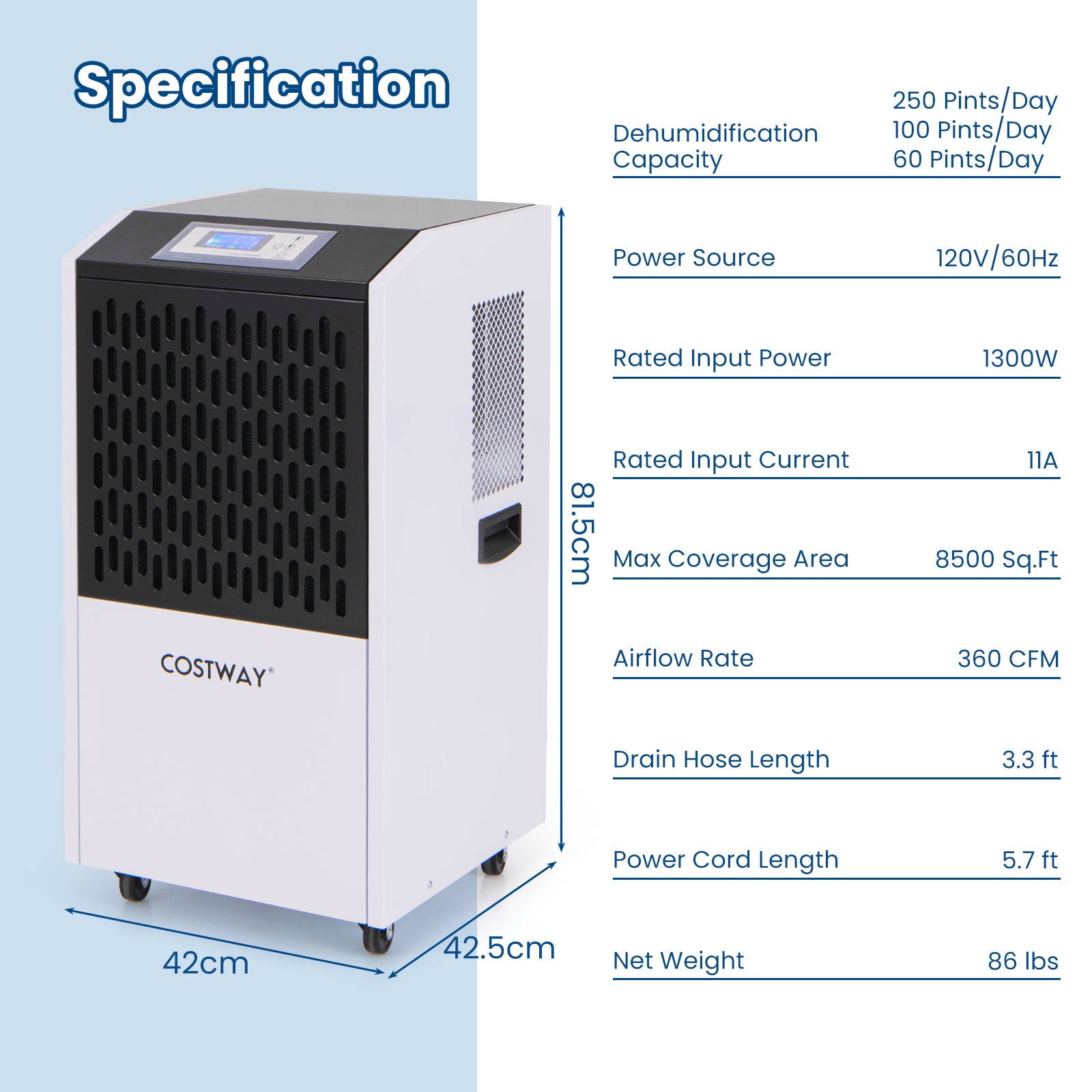 250 Pints Commercial Dehumidifier with Drain Hose Large Spaces up to 8500 Sq.Ft, White Dehumidifiers at Gallery Canada