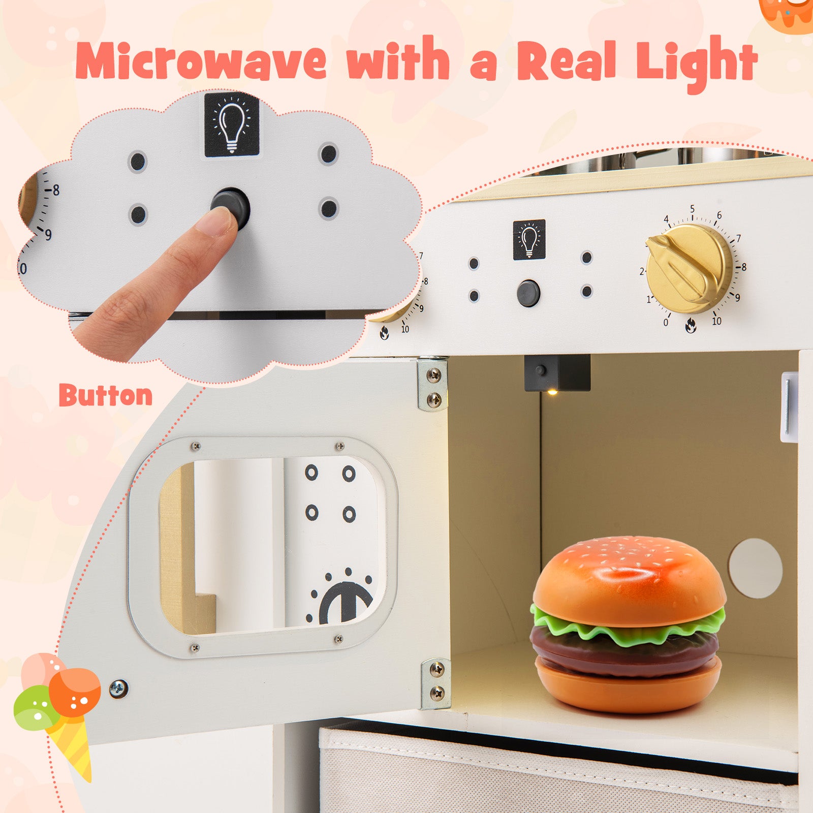 Wooden Kids Kitchen Playset with Chalkboard Ice Maker Sink Lighted Microwave, White Play Kitchen Sets at Gallery Canada