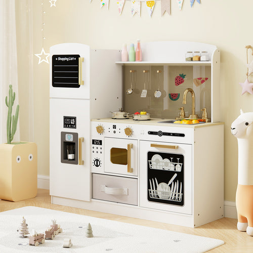 Wooden Kids Kitchen Playset with Chalkboard Ice Maker Sink Lighted Microwave, White