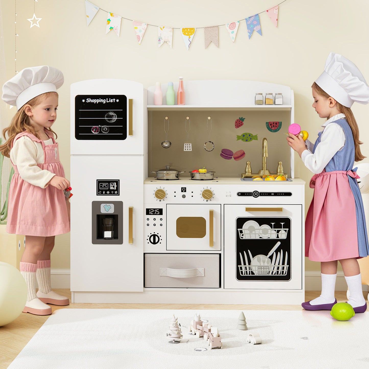 Wooden Kids Kitchen Playset with Chalkboard Ice Maker Sink Lighted Microwave, White Play Kitchen Sets at Gallery Canada