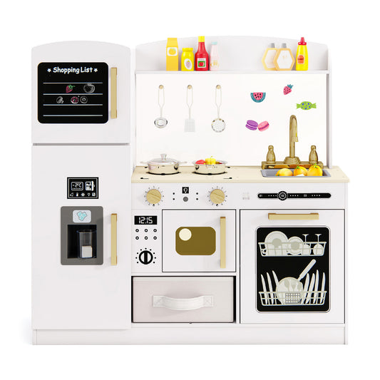 Wooden Kids Kitchen Playset with Chalkboard Ice Maker Sink Lighted Microwave, White Play Kitchen Sets White at Gallery Canada