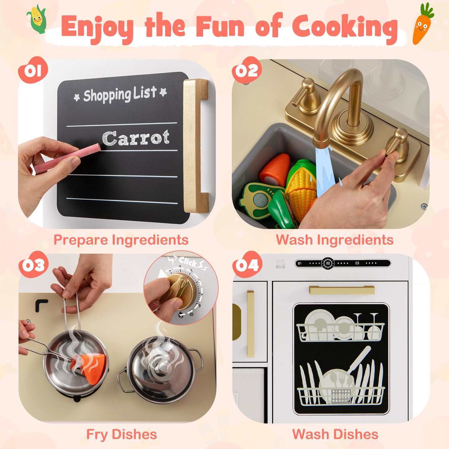 Wooden Kids Kitchen Playset with Chalkboard Ice Maker Sink Lighted Microwave, White Play Kitchen Sets at Gallery Canada