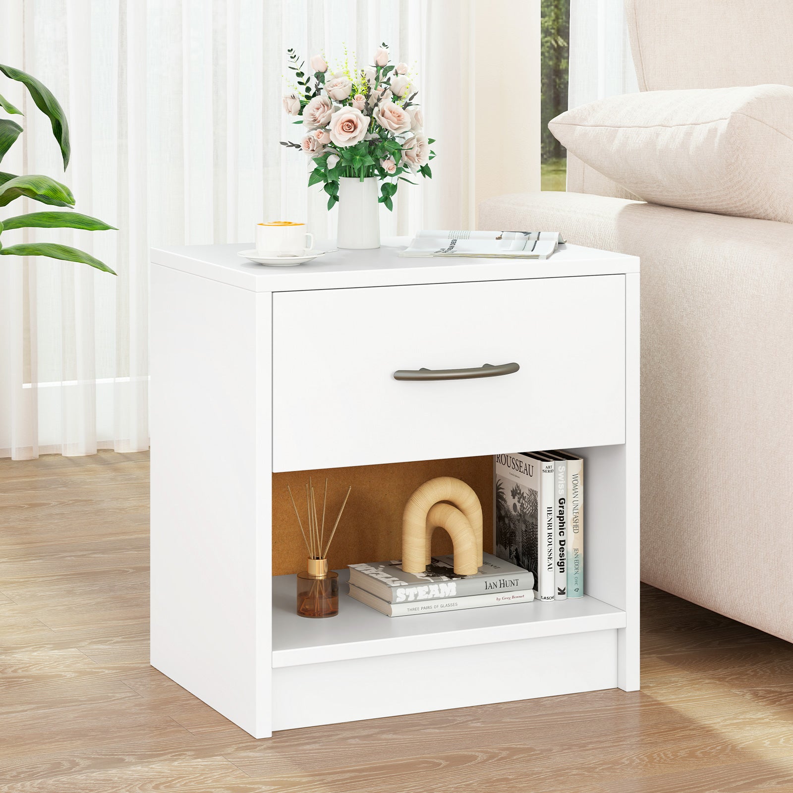 Bedside Table Nightstand with Drawer and Open Storage Shelf, White Nightstands at Gallery Canada