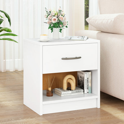 Bedside Table Nightstand with Drawer and Open Storage Shelf, White