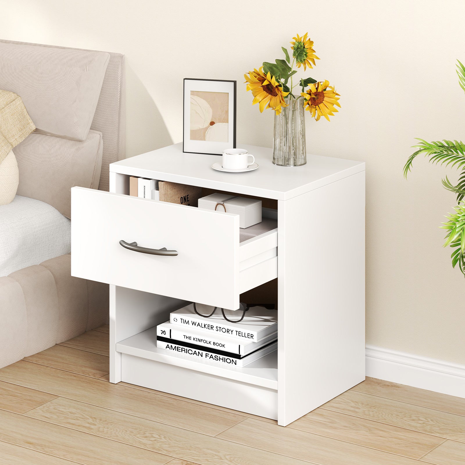 Bedside Table Nightstand with Drawer and Open Storage Shelf, White Nightstands at Gallery Canada