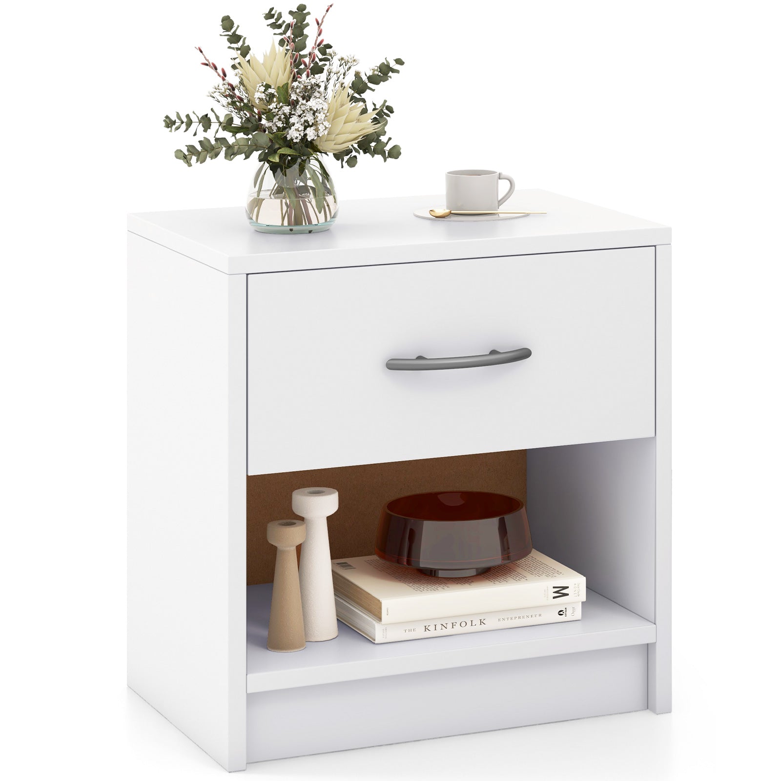 Bedside Table Nightstand with Drawer and Open Storage Shelf, White Nightstands at Gallery Canada