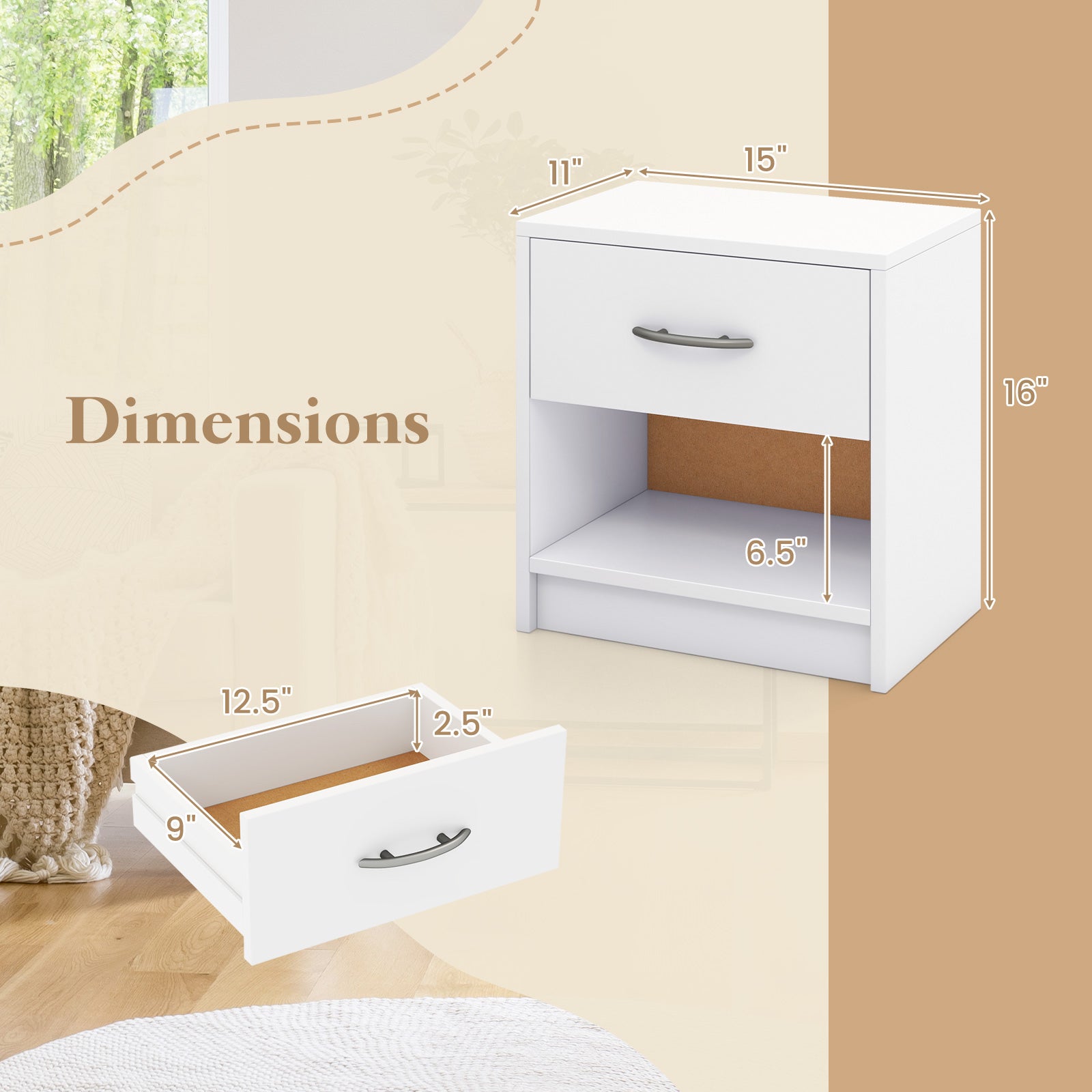 Bedside Table Nightstand with Drawer and Open Storage Shelf, White Nightstands at Gallery Canada