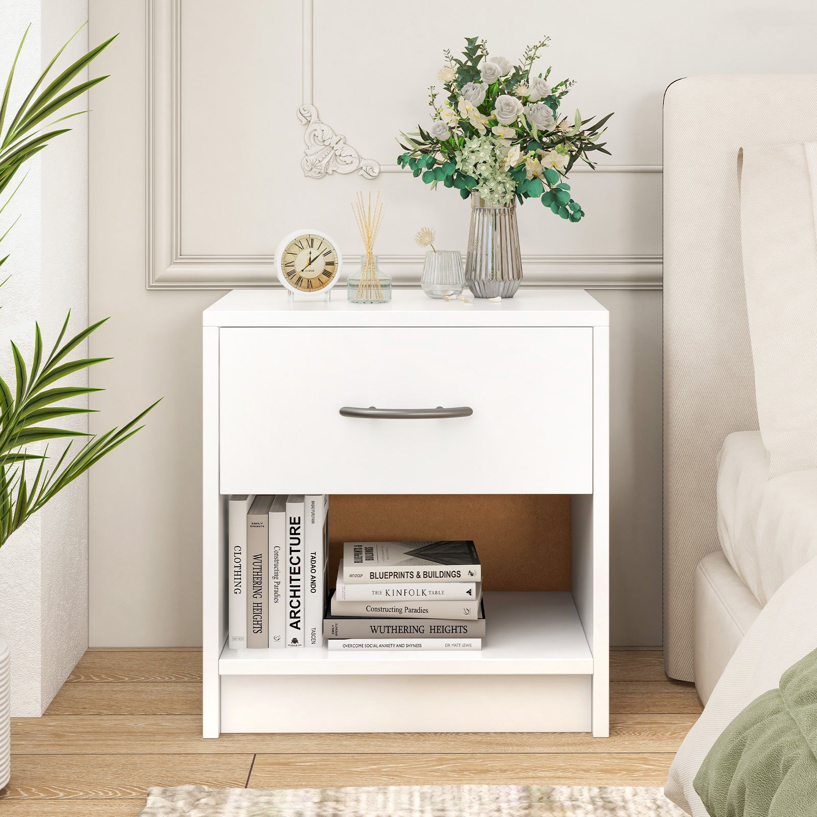 Bedside Table Nightstand with Drawer and Open Storage Shelf, White Nightstands at Gallery Canada