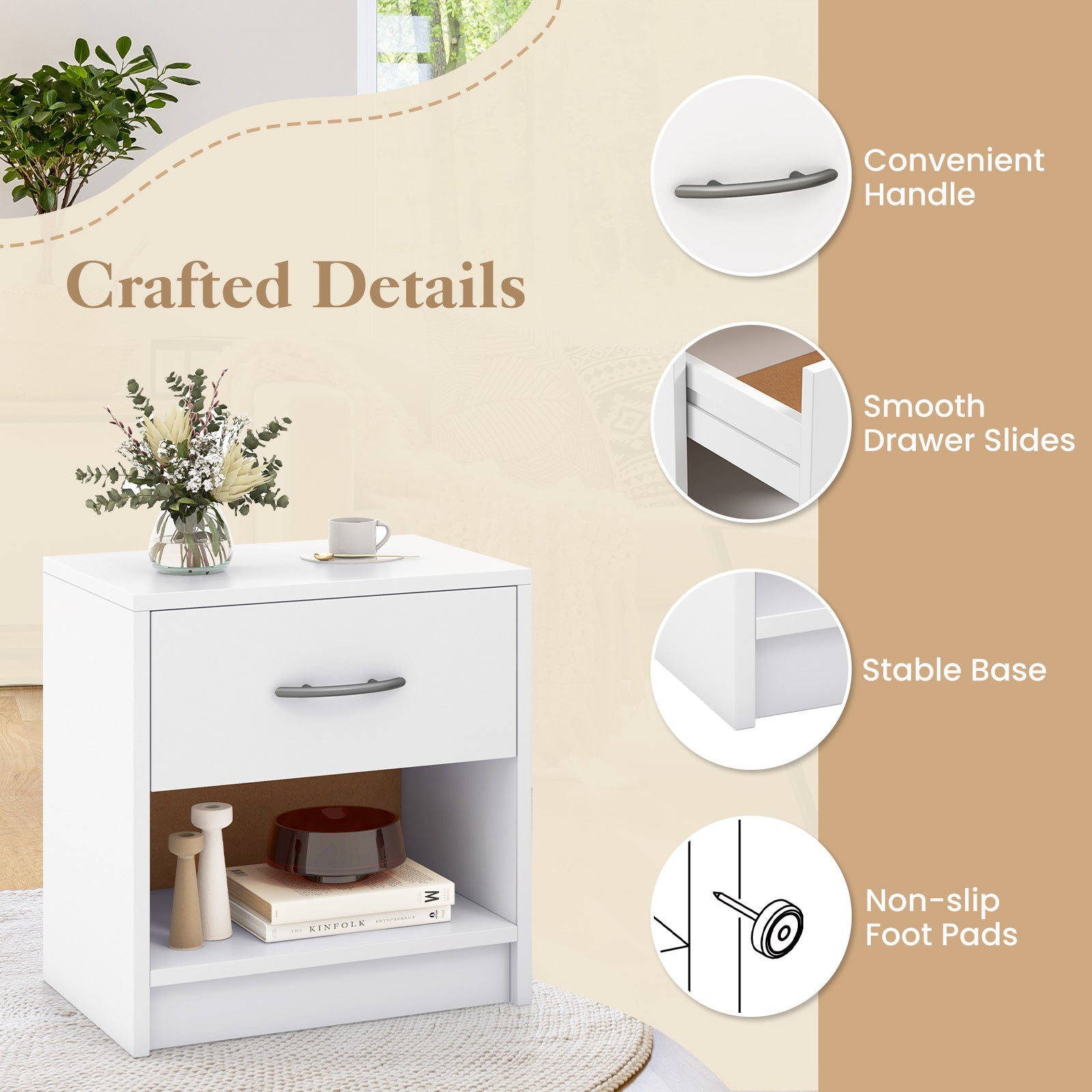 Bedside Table Nightstand with Drawer and Open Storage Shelf, White Nightstands at Gallery Canada