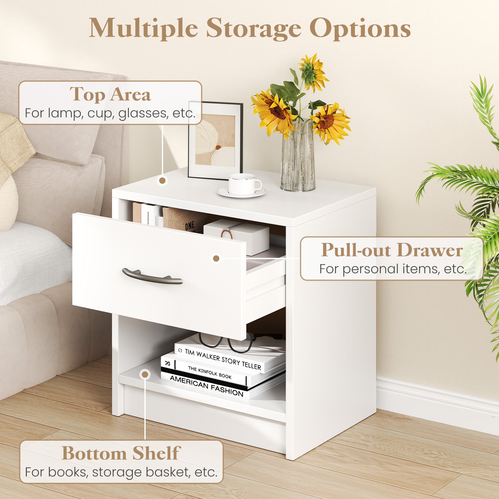 Bedside Table Nightstand with Drawer and Open Storage Shelf, White Nightstands at Gallery Canada