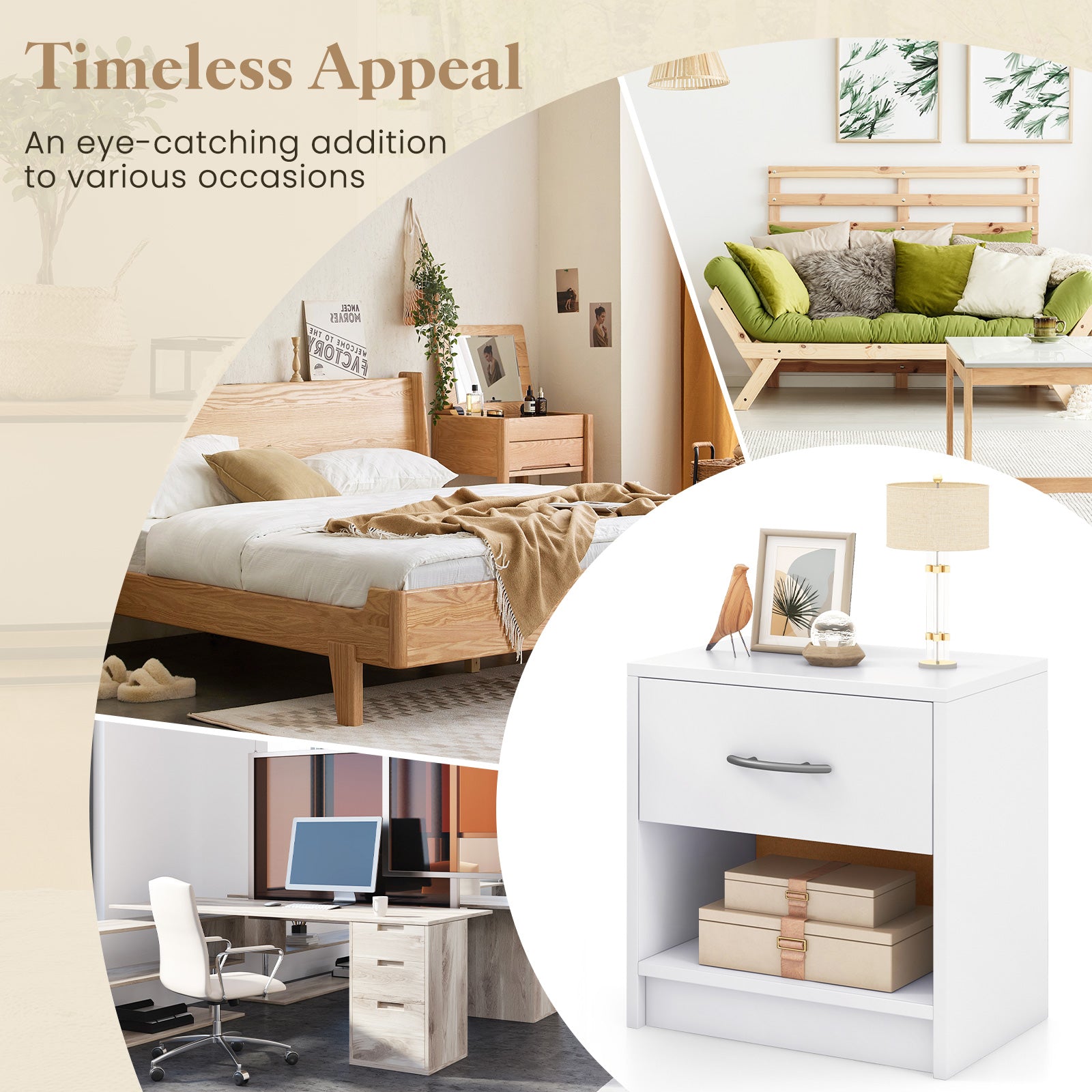 Bedside Table Nightstand with Drawer and Open Storage Shelf, White Nightstands at Gallery Canada