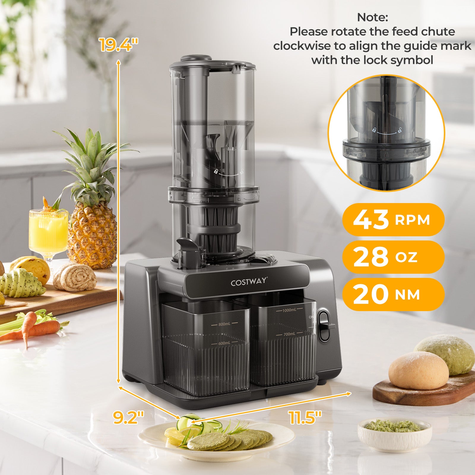 Cold Press Juicer with 5.3 Inches Feed Chute High Juice Yield and Reverse Function Kitchen Utensils at Gallery Canada