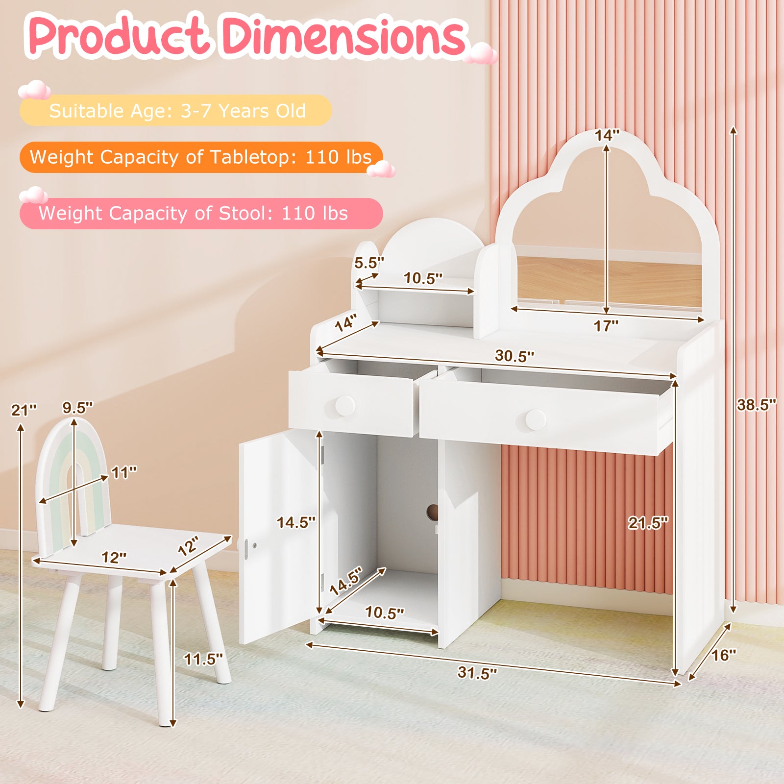 Kids Vanity Table and Chair Set with Cloud-shaped Mirror and Open Shelf, White Kids Vanities at Gallery Canada