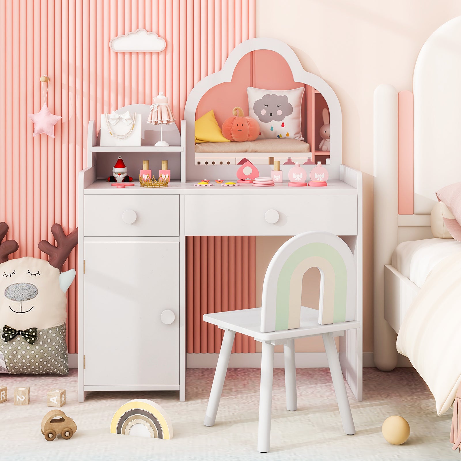 Kids Vanity Table and Chair Set with Cloud-shaped Mirror and Open Shelf, White Kids Vanities at Gallery Canada