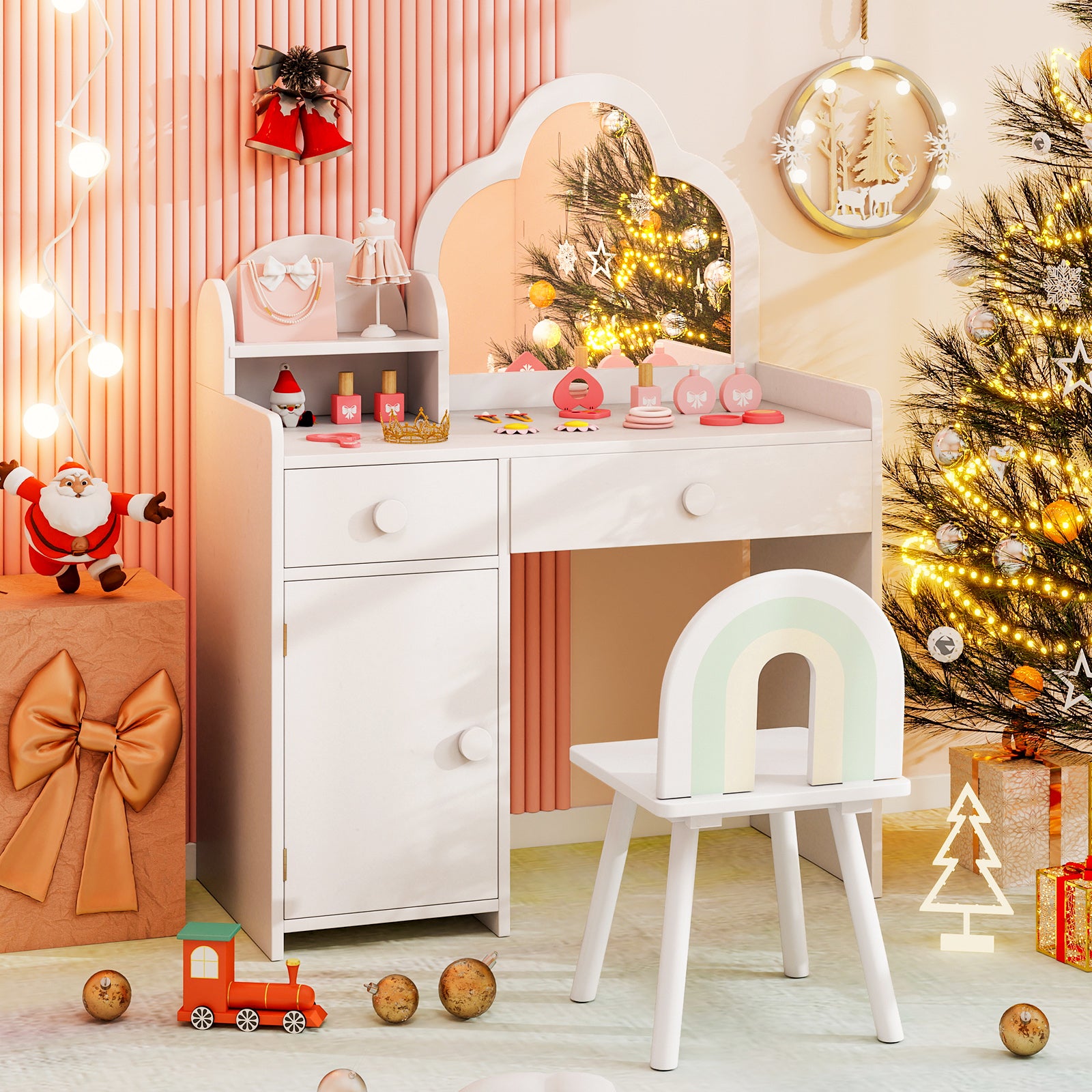 Kids Vanity Table and Chair Set with Cloud-shaped Mirror and Open Shelf, White Kids Vanities at Gallery Canada