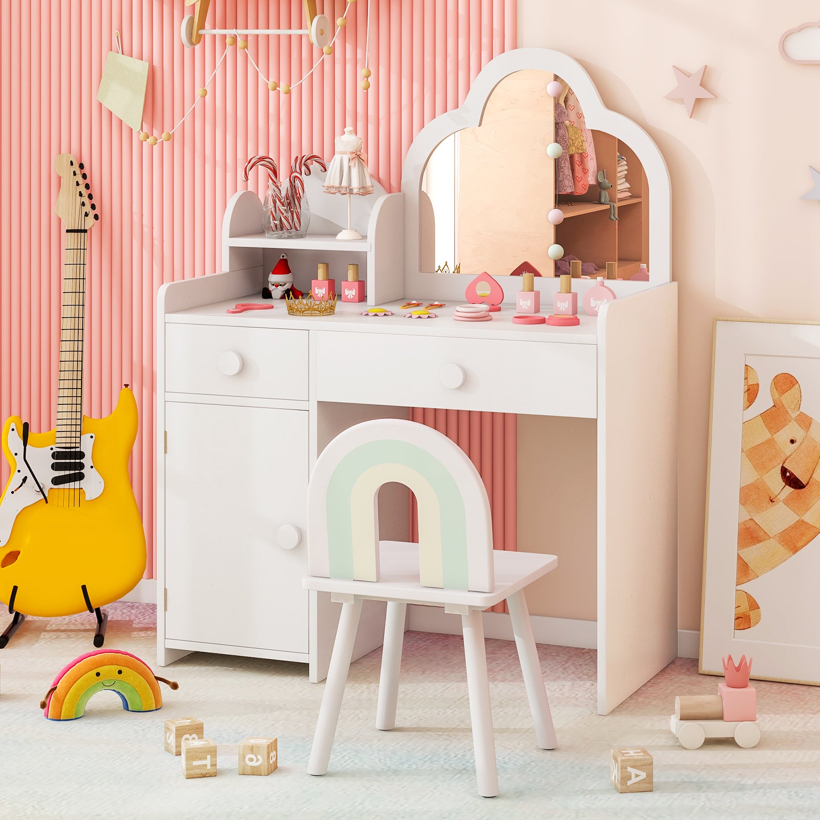 Kids Vanity Table and Chair Set with Cloud-shaped Mirror and Open Shelf, White Kids Vanities at Gallery Canada