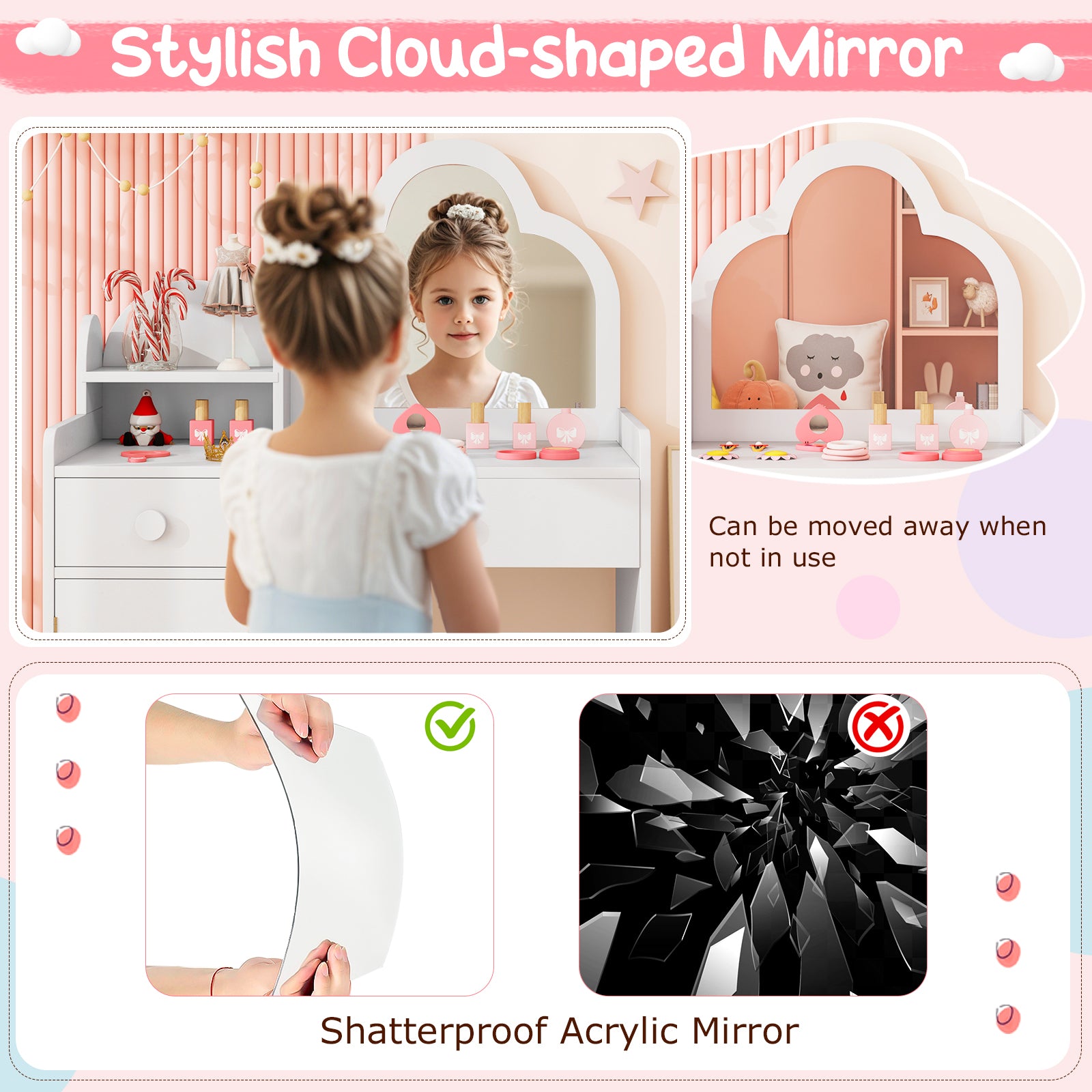 Kids Vanity Table and Chair Set with Cloud-shaped Mirror and Open Shelf, White Kids Vanities at Gallery Canada