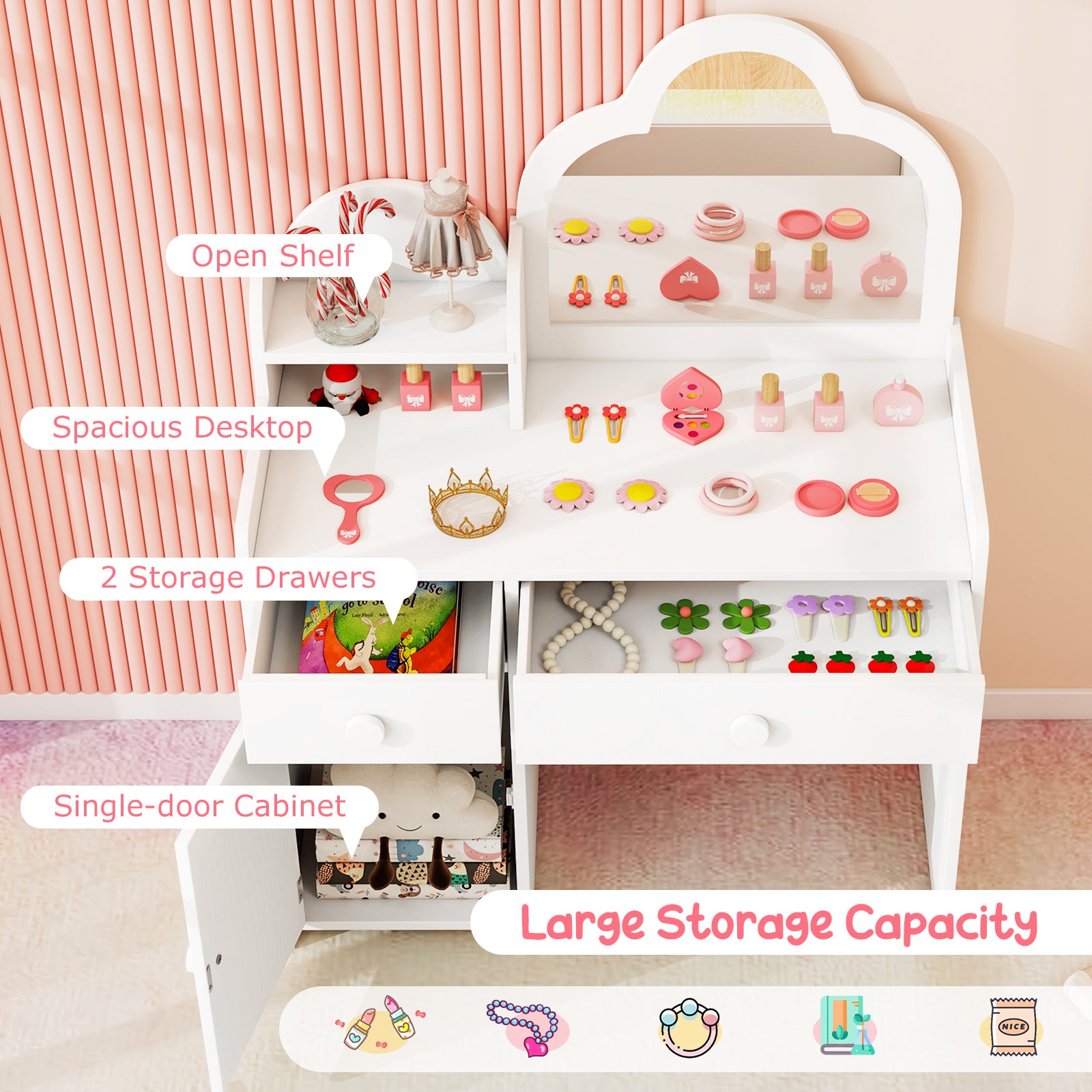 Kids Vanity Table and Chair Set with Cloud-shaped Mirror and Open Shelf, White Kids Vanities at Gallery Canada