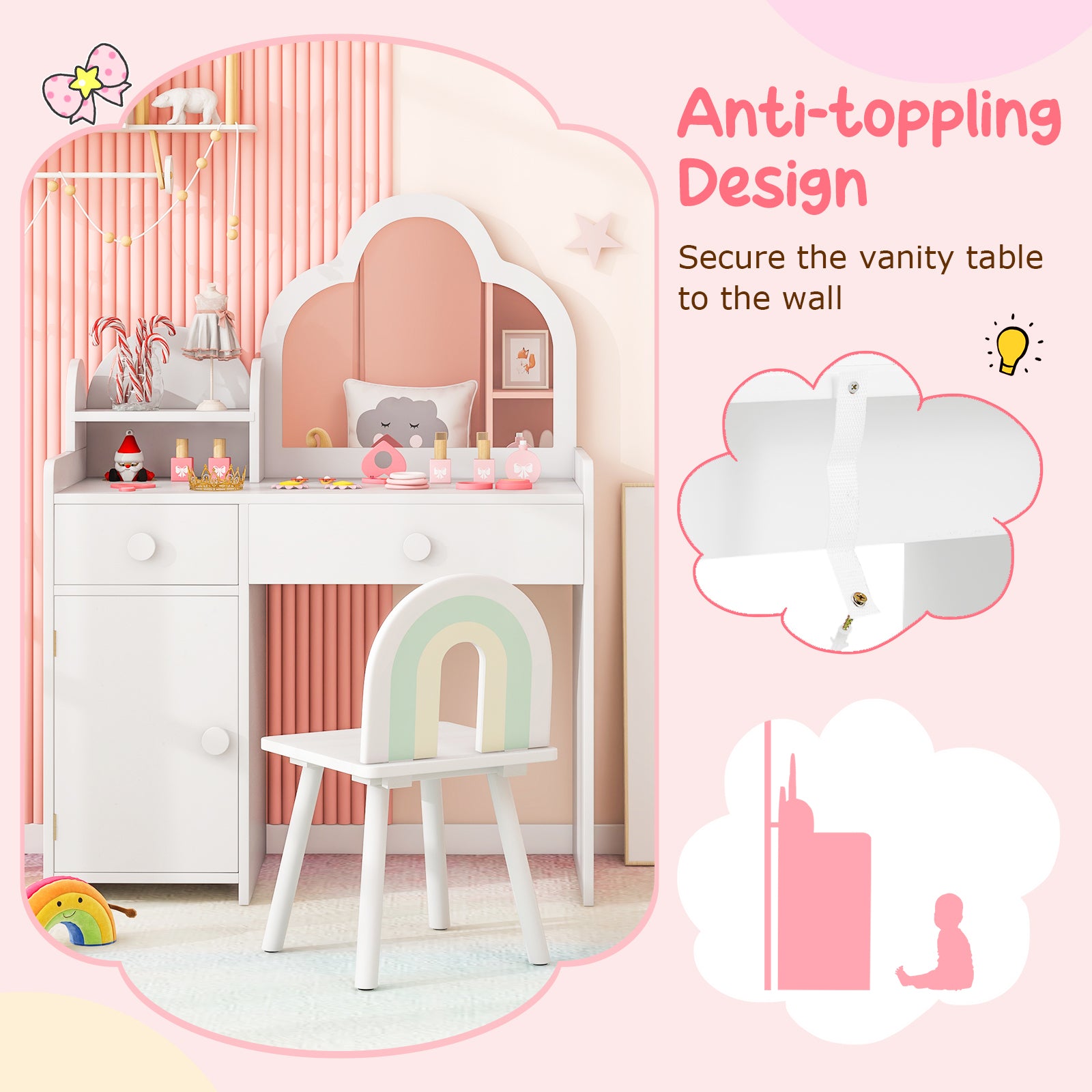 Kids Vanity Table and Chair Set with Cloud-shaped Mirror and Open Shelf, White Kids Vanities at Gallery Canada