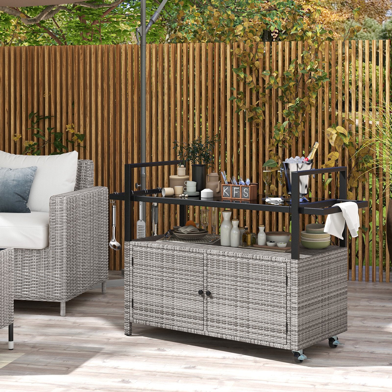 Outdoor Bar Cart Wicker Buffet Serving Cart with Cabinet and 8 Hooks, Gray Camping Furniture at Gallery Canada