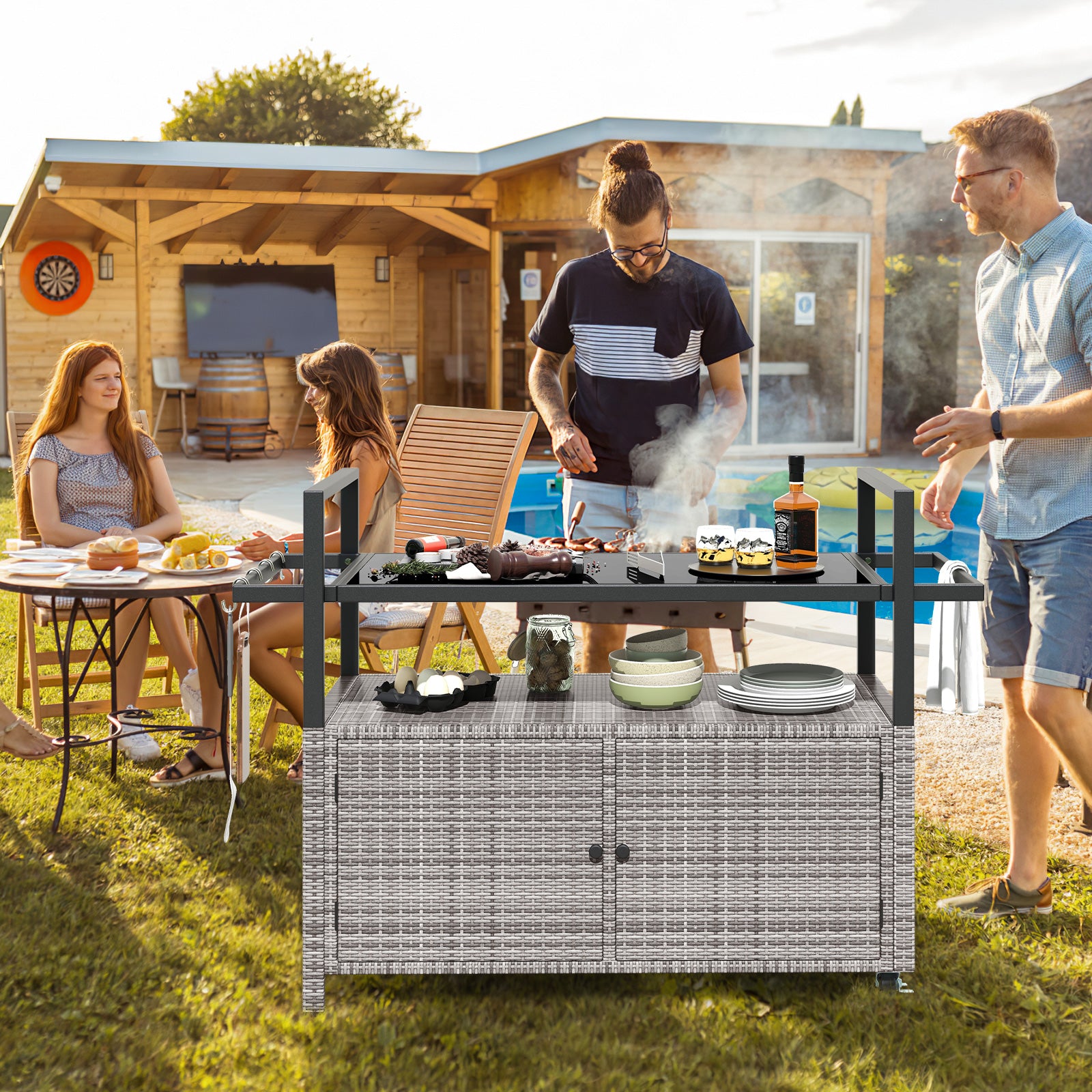 Outdoor Bar Cart Wicker Buffet Serving Cart with Cabinet and 8 Hooks, Gray Camping Furniture at Gallery Canada