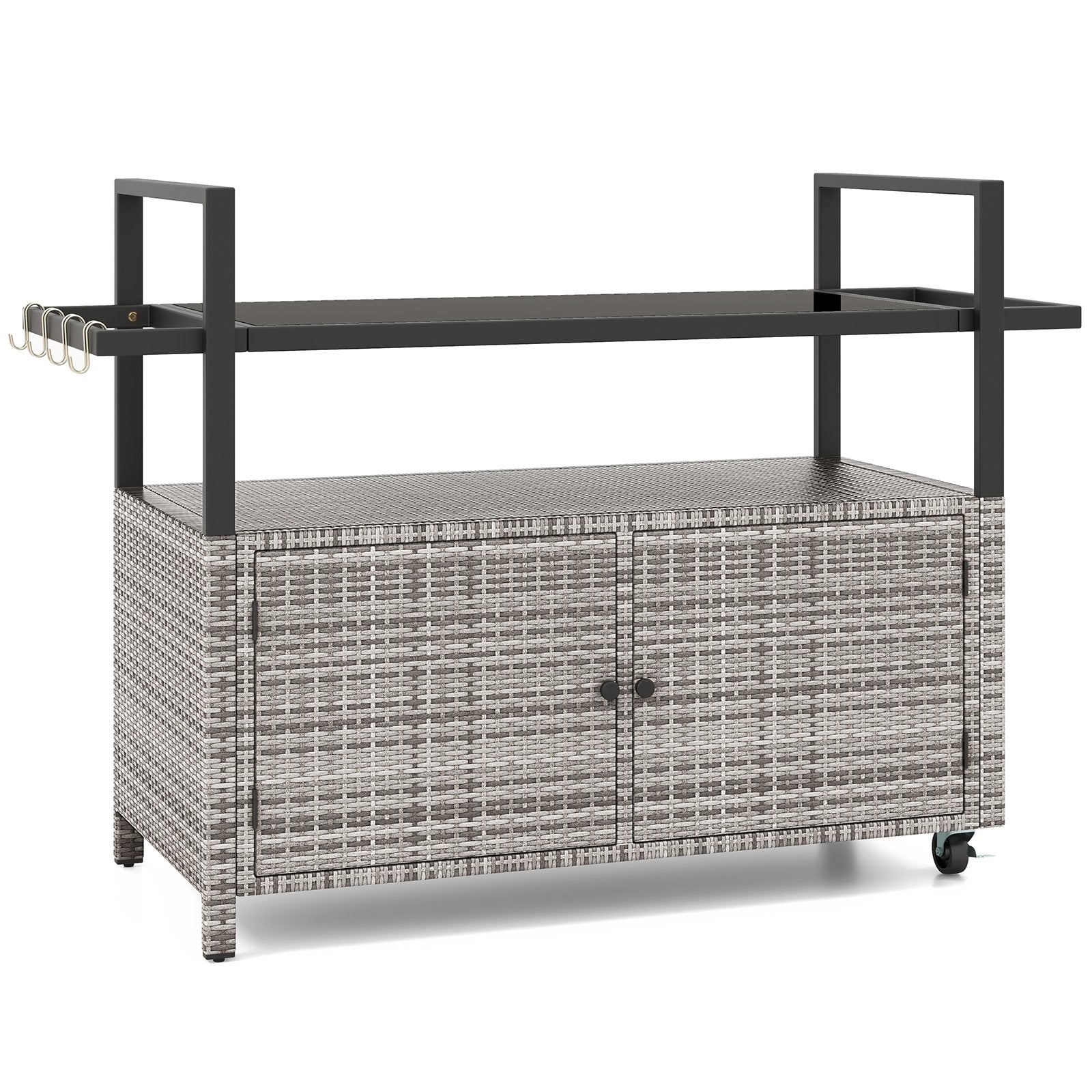 Outdoor Bar Cart Wicker Buffet Serving Cart with Cabinet and 8 Hooks, Gray Camping Furniture Gray at Gallery Canada