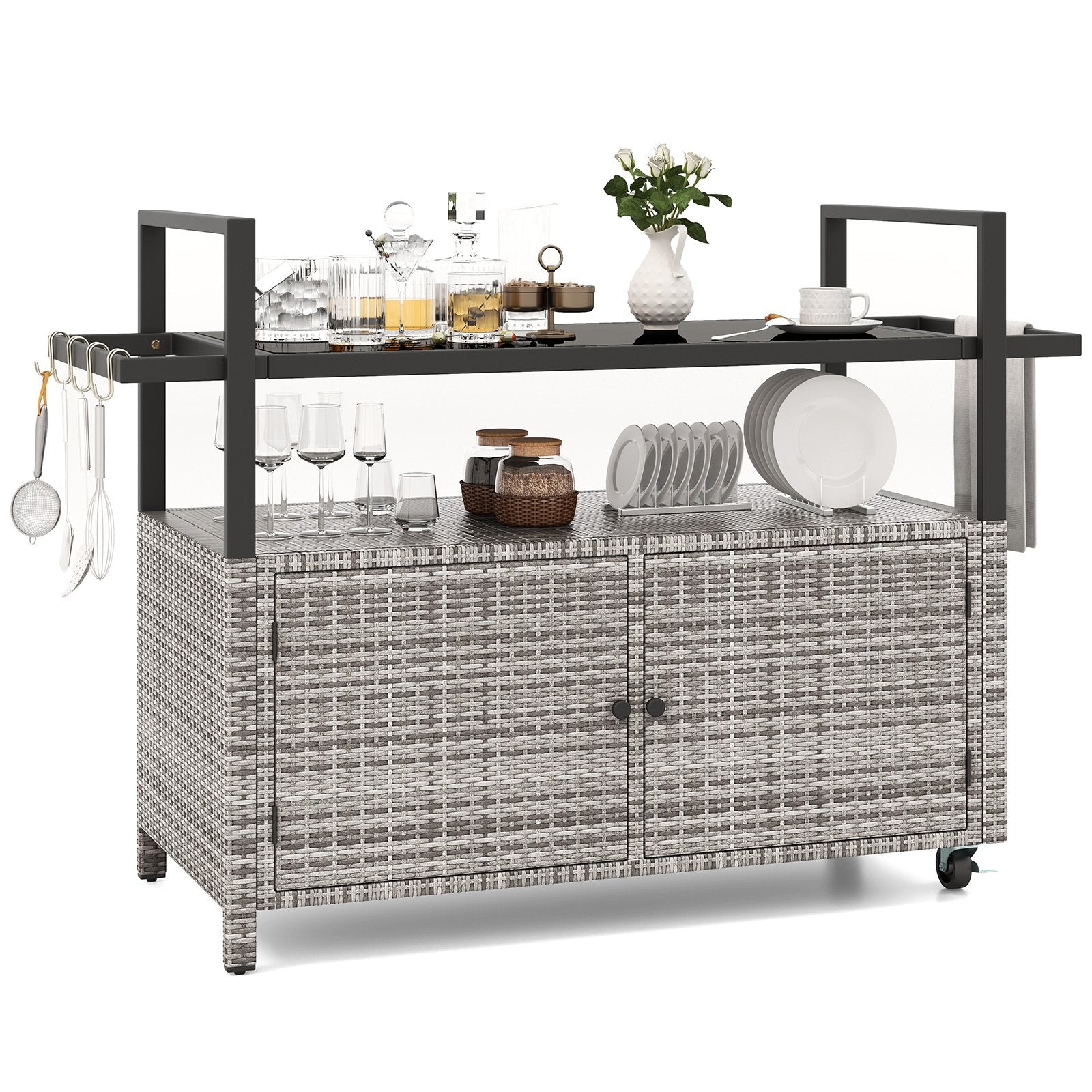 Outdoor Bar Cart Wicker Buffet Serving Cart with Cabinet and 8 Hooks, Gray Camping Furniture at Gallery Canada