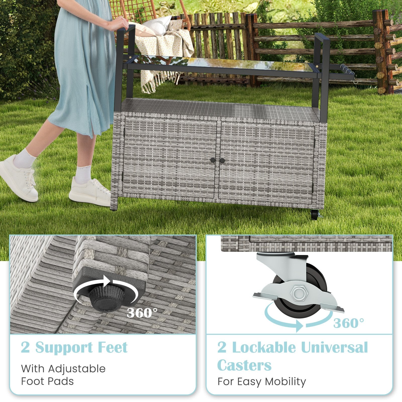 Outdoor Bar Cart Wicker Buffet Serving Cart with Cabinet and 8 Hooks, Gray Camping Furniture at Gallery Canada
