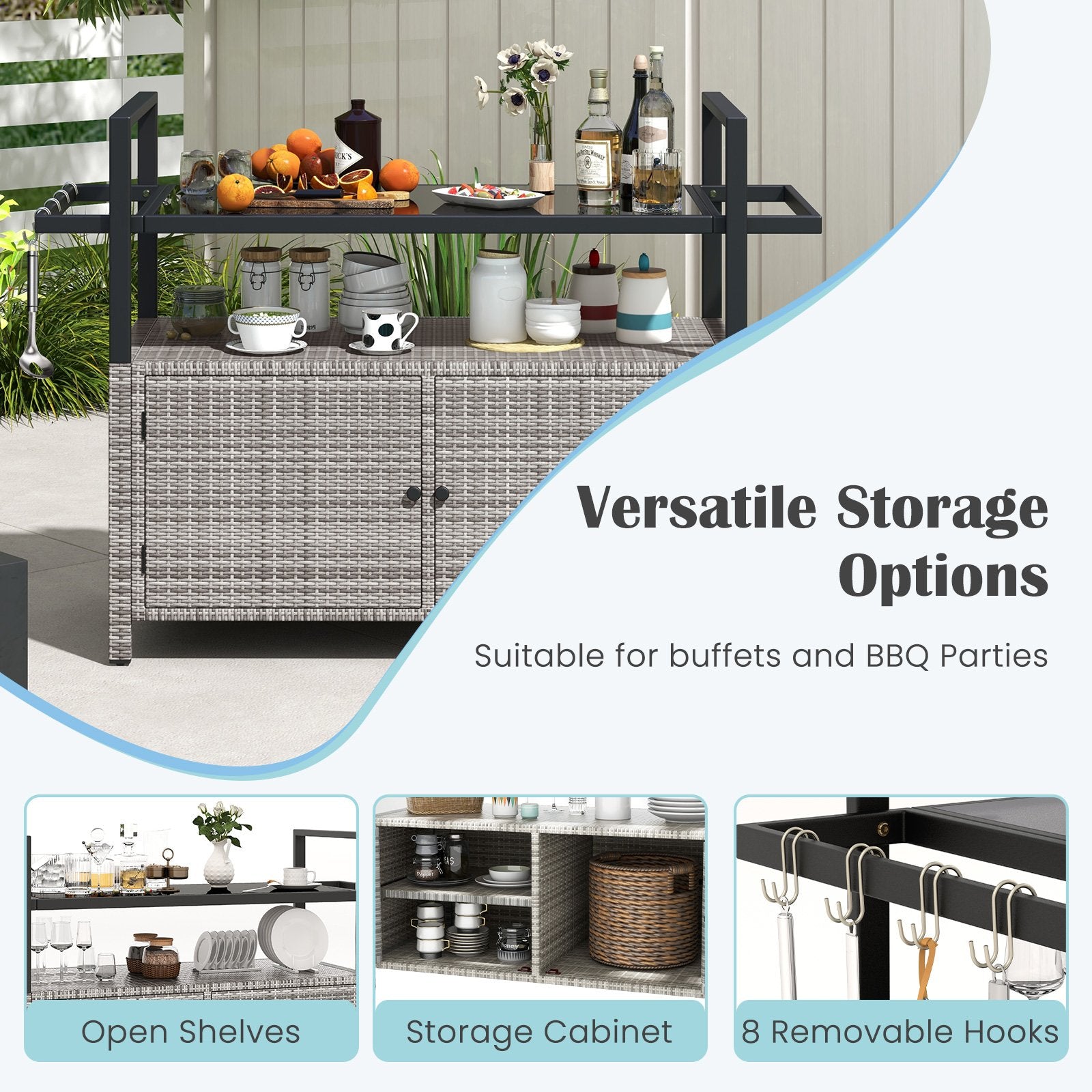 Outdoor Bar Cart Wicker Buffet Serving Cart with Cabinet and 8 Hooks, Gray Camping Furniture at Gallery Canada