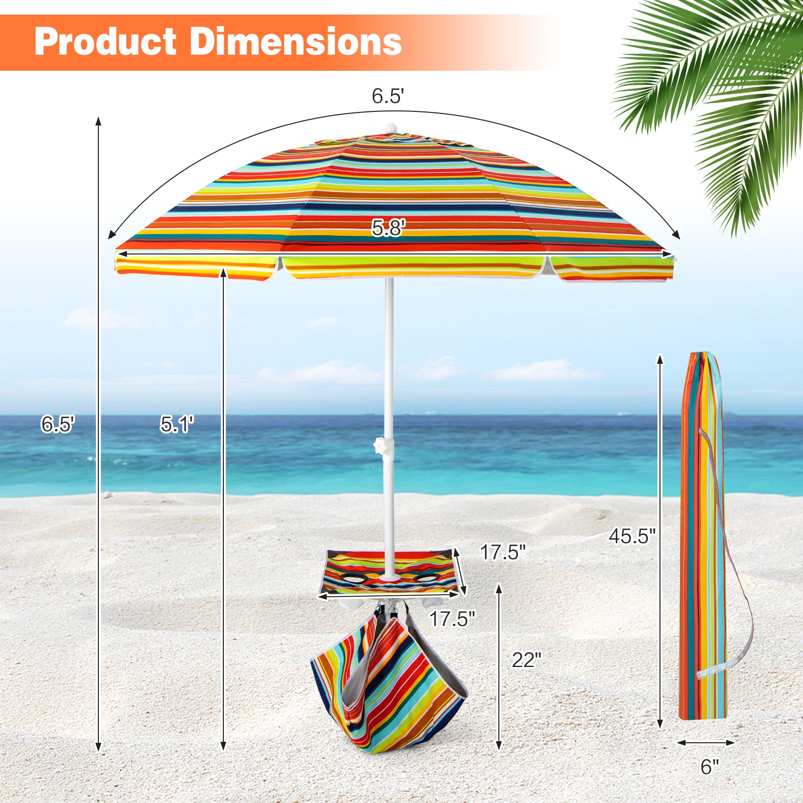 6.5 Feet Patio Beach Umbrella with Waterproof Polyester Fabric, Orange Outdoor Umbrellas at Gallery Canada