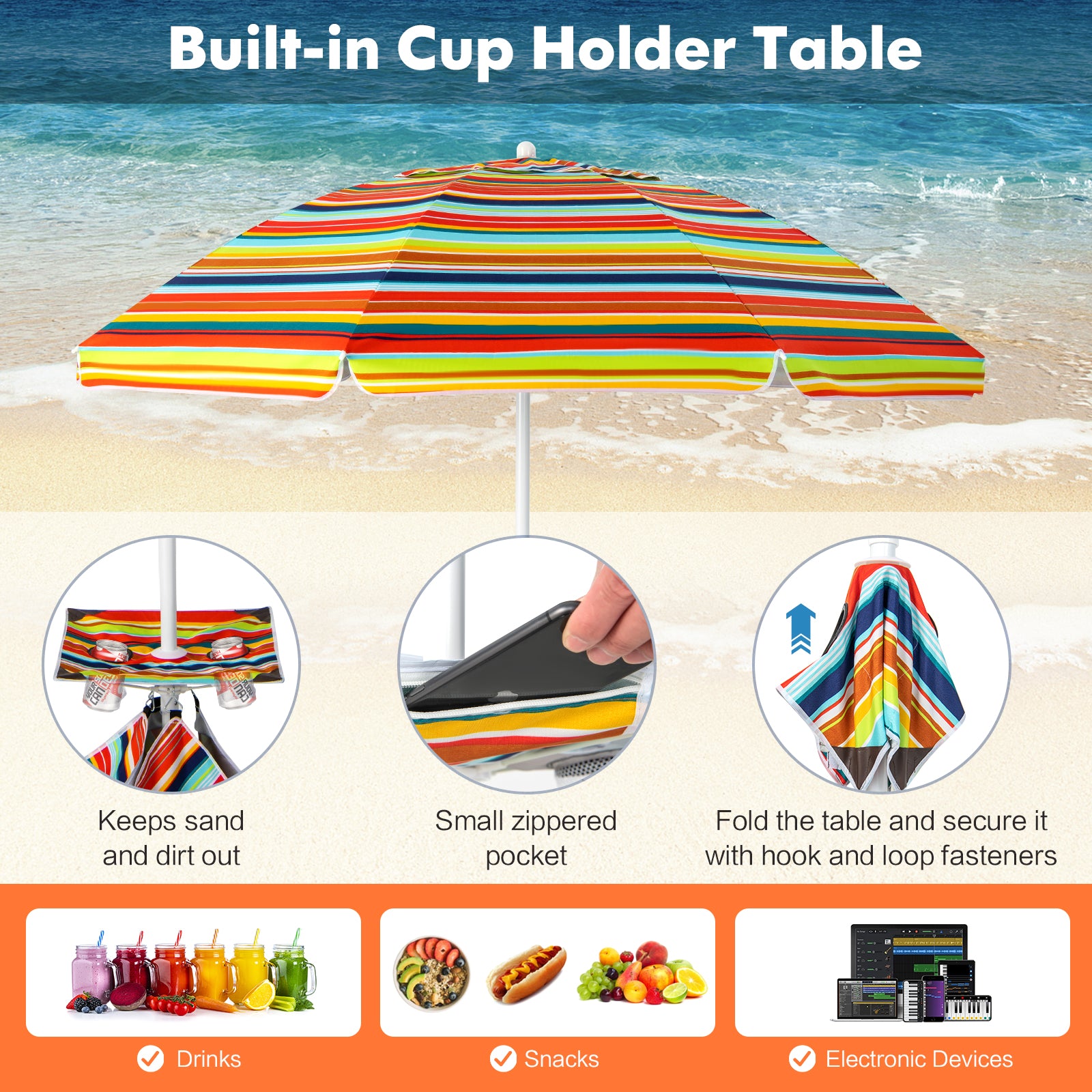 6.5 Feet Patio Beach Umbrella with Waterproof Polyester Fabric, Orange Outdoor Umbrellas at Gallery Canada
