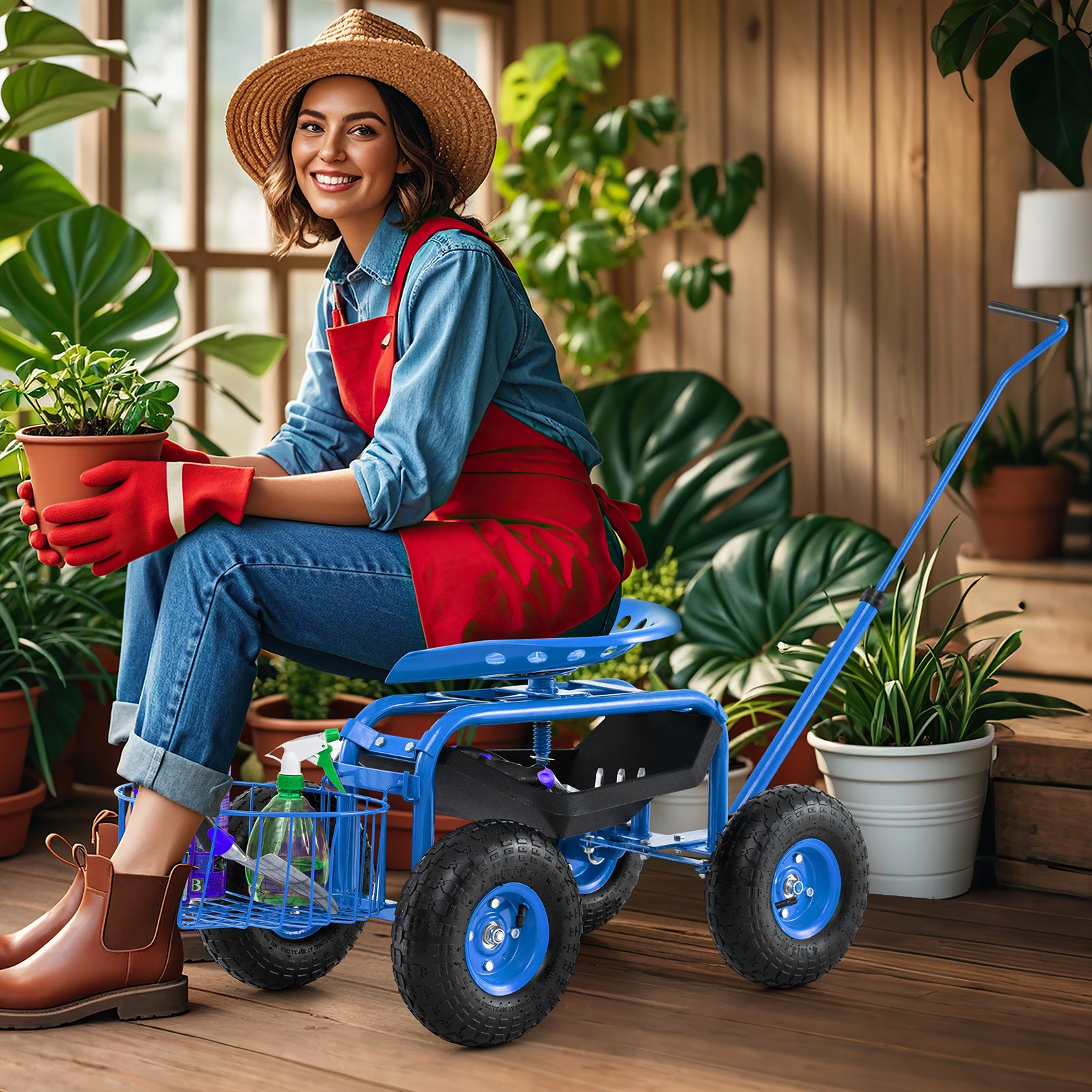 Extendable Handle Garden Cart Rolling Wagon Scooter, Blue Garden Tools at Gallery Canada