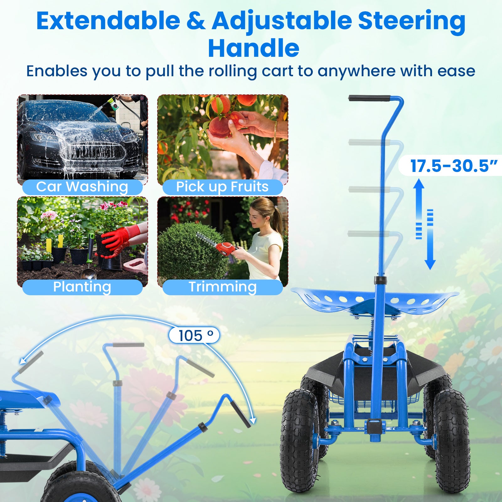 Extendable Handle Garden Cart Rolling Wagon Scooter, Blue Garden Tools at Gallery Canada