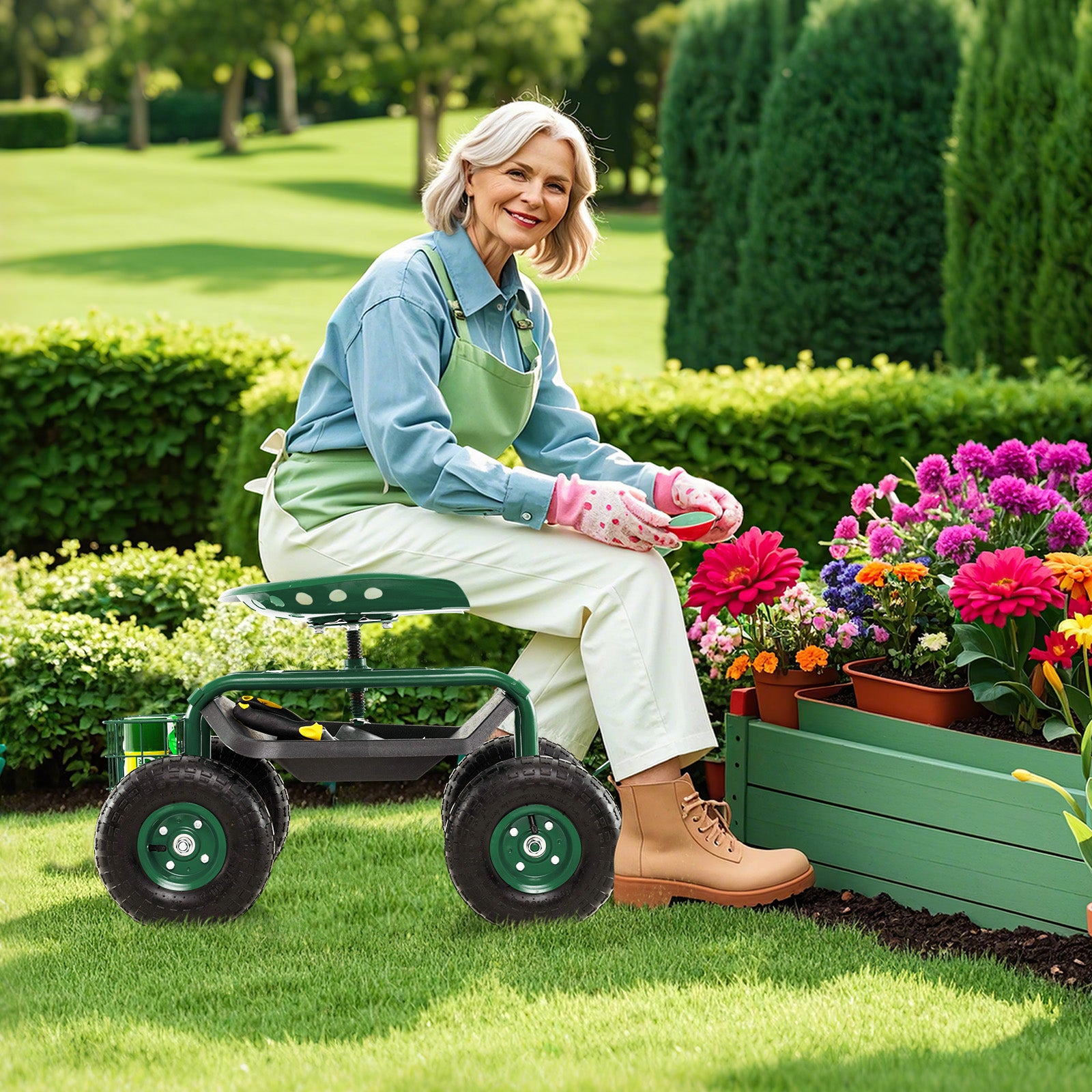 4-Wheel Rolling Garden Cart Work Seat, Green Garden Carts at Gallery Canada