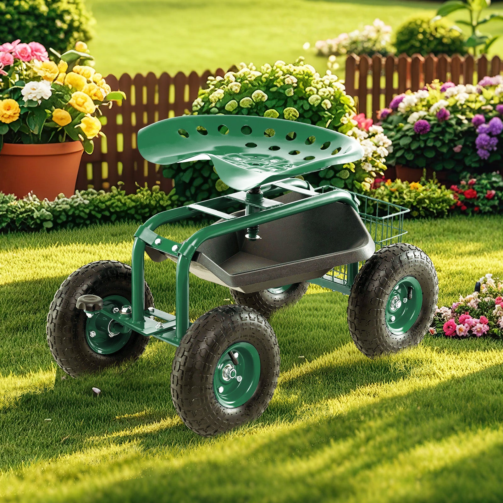 4-Wheel Rolling Garden Cart Work Seat, Green Garden Carts at Gallery Canada